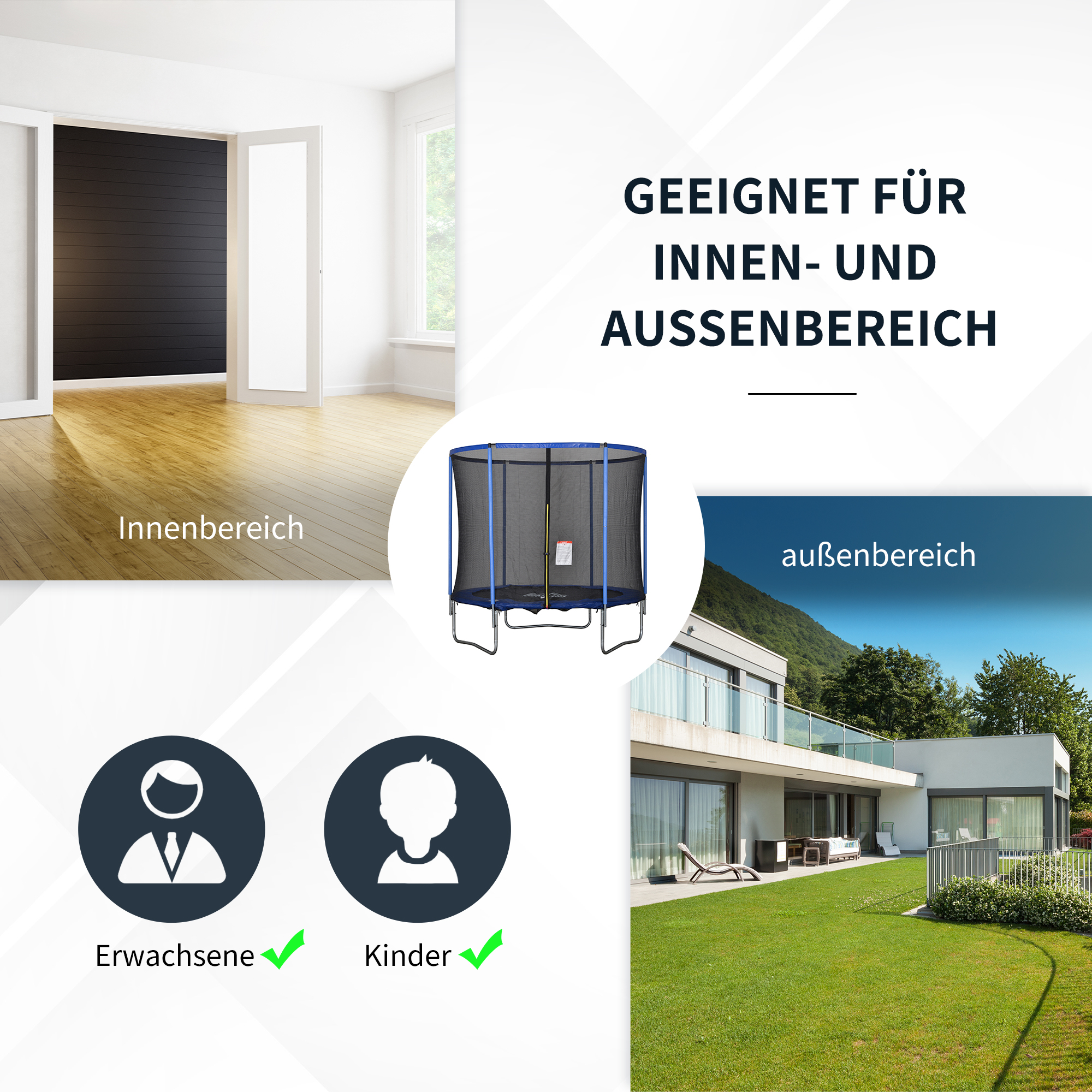 Trampolin mit Sicherheitsnetz Gartentrampolin für Innen- und Außenbereich Fitnesstrampolin für Jugendliche und Erwachsene Stahl Blau+Schwarz bis 113,6 kg Ø244 x 240H cm