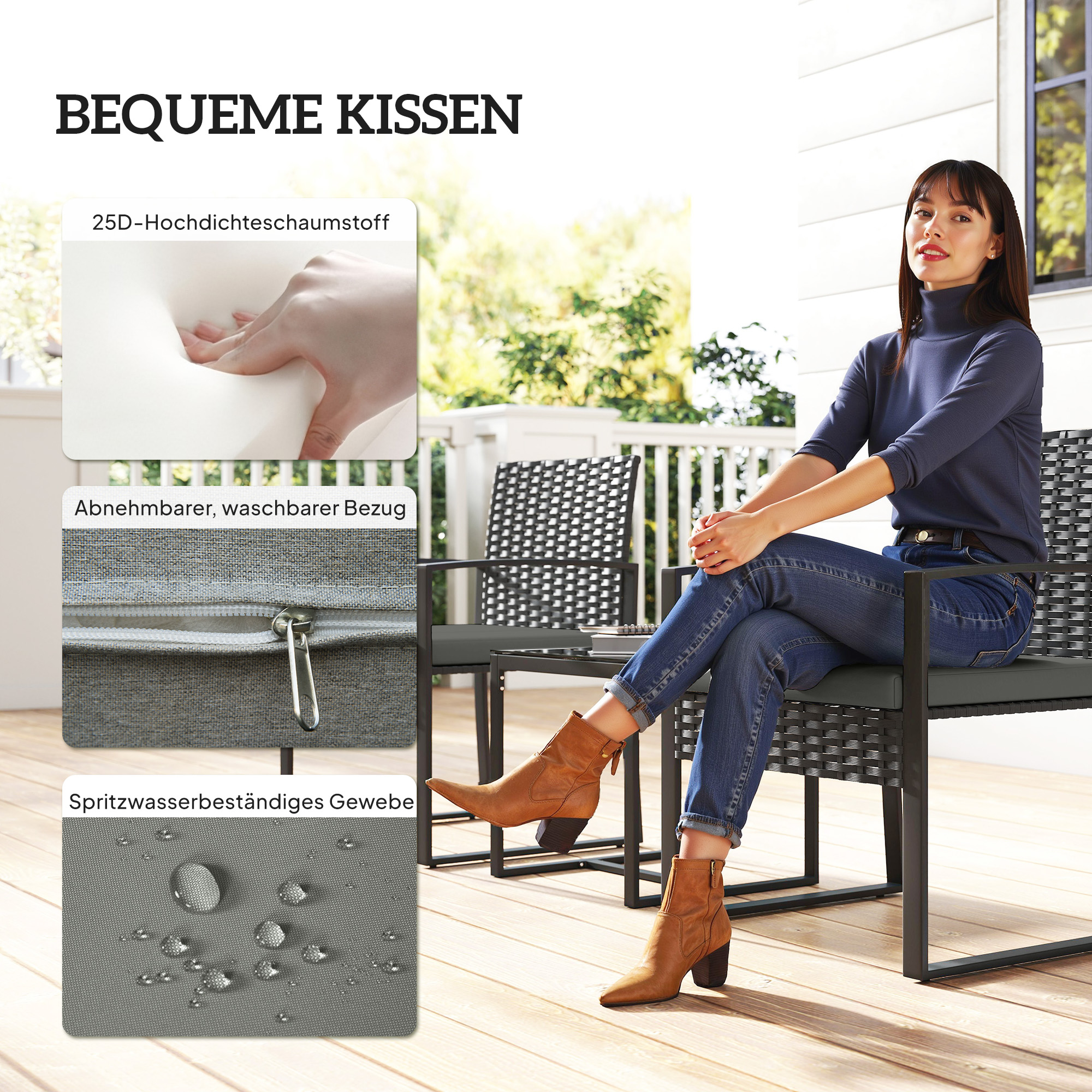 Rattan Bistroset, 3 teiliges Gartenmöbel-Set mit 2 Gartenstühlen, Couchtisch, abnehmbar Kissen Dunkelgrau