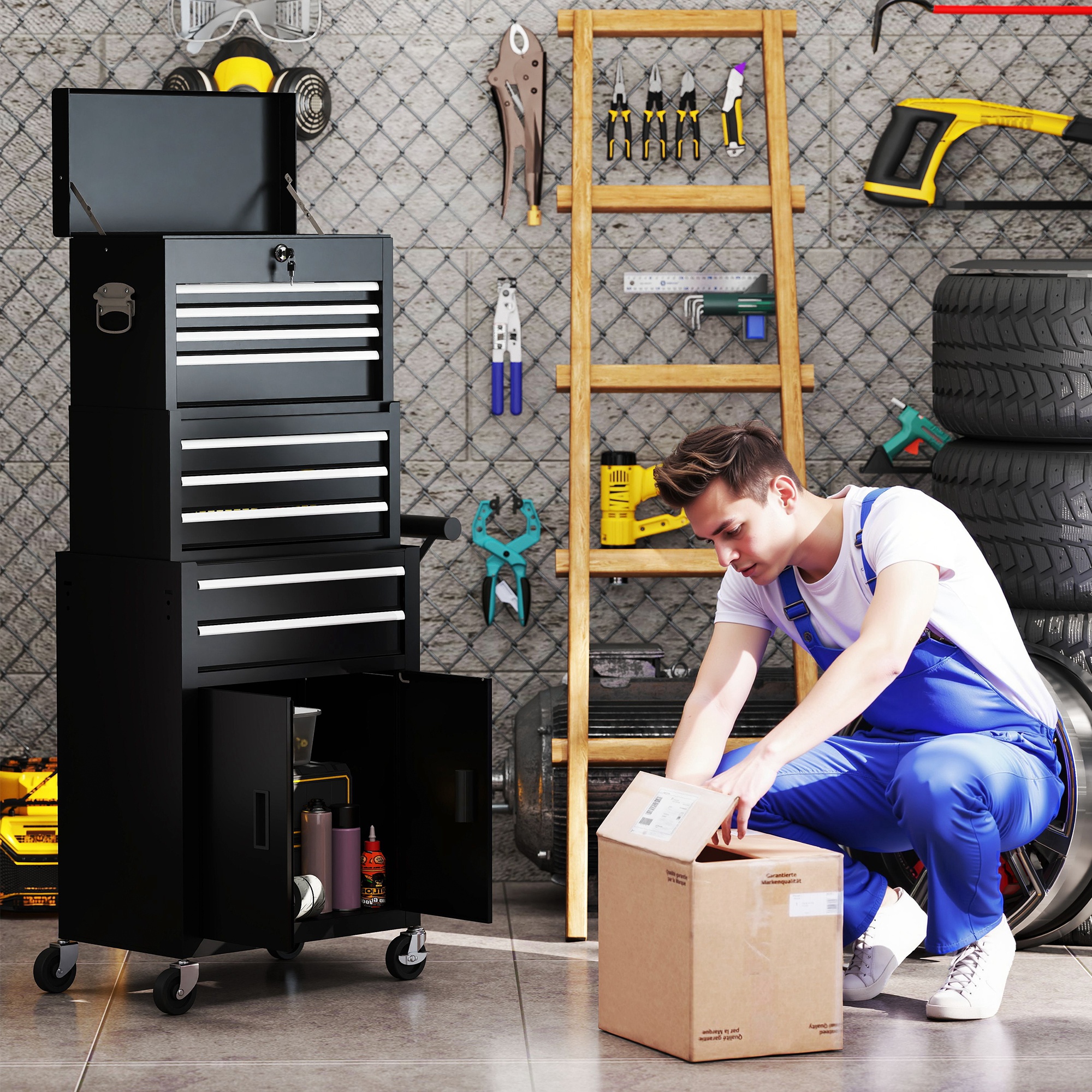 3-in-1 Werkzeugkiste, Werkzeugschrank mit 4 Rädern, verschließbarer Werkzeugkasten mit 9 Schubladen, Stahl, Schwarz