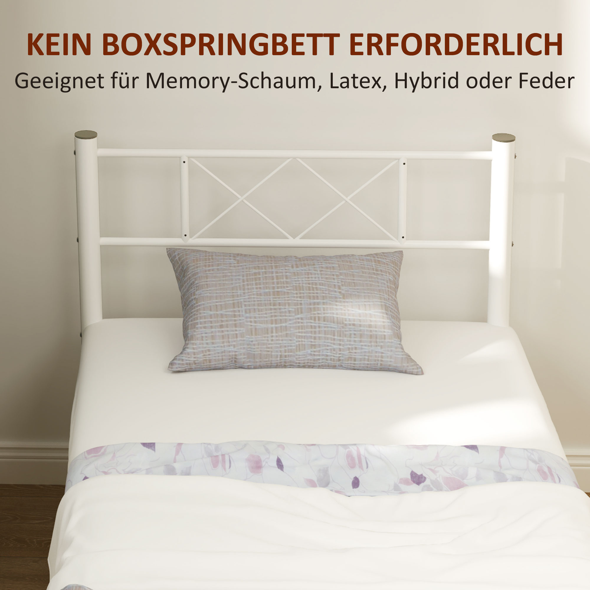 Einzelbettgestell mit hohem Kopfteil, Leichte Montage, Stauraum unter dem Bett, Stahl, Weiß