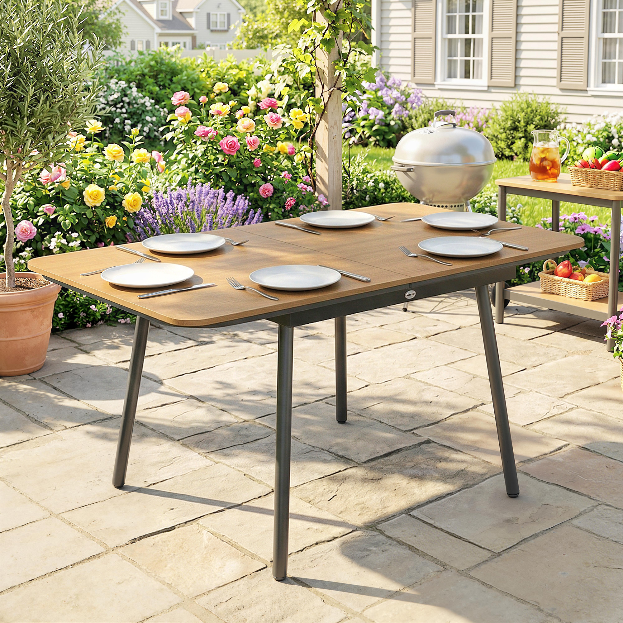 Gartentisch 140 x 80 cm für 6 Personen rostbeständig Outdoor Esstisch mit WPC-Tischplatte Verstellbare Füße, Teak