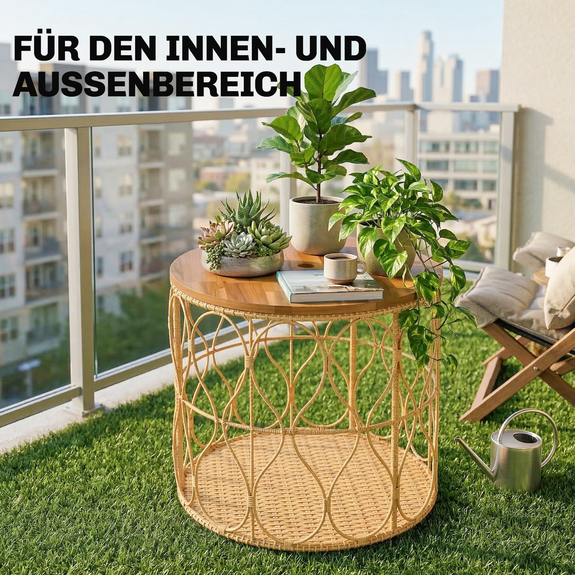Beistelltisch Ø50 cm wetterfest Gartentisch mit Rattanoptik Akazienholzplatte verstellbaren Füßen Teak
