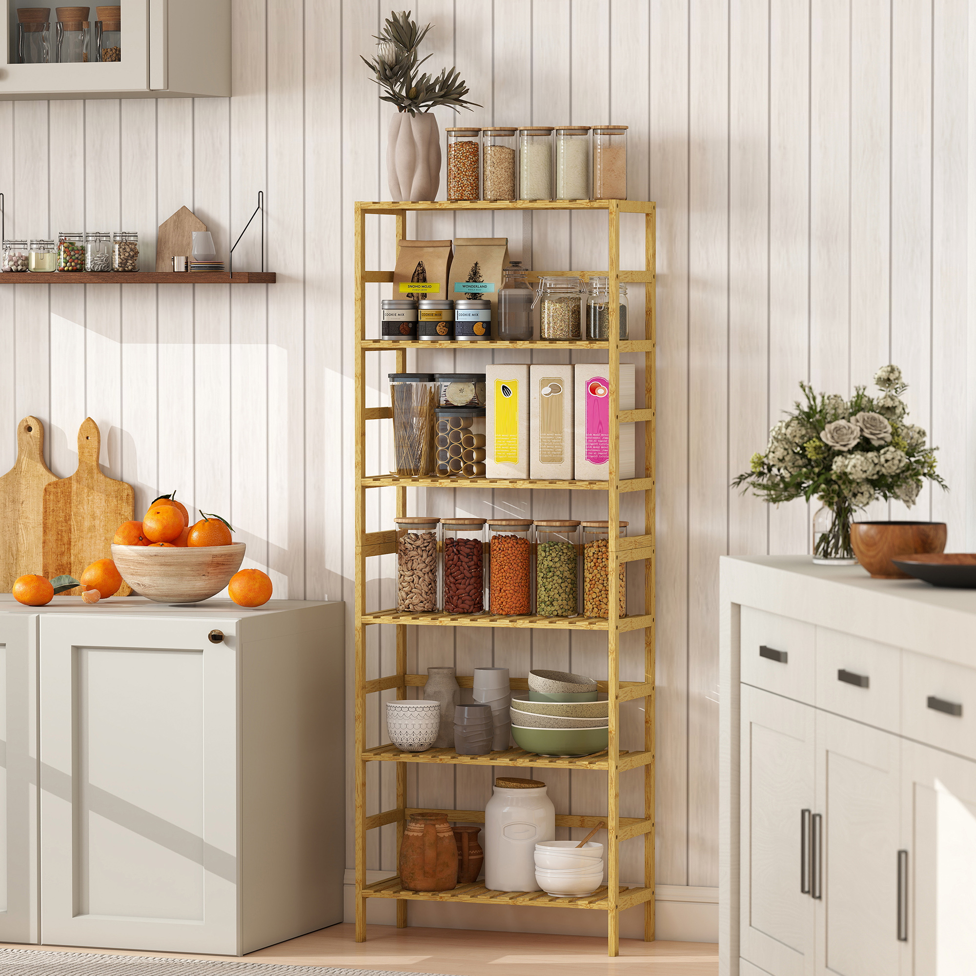 6-Ebenen-Regal aus Bambusholz, verstellbare Regalböden, freistehendes Aufbewahrungsregal, Naturholz
