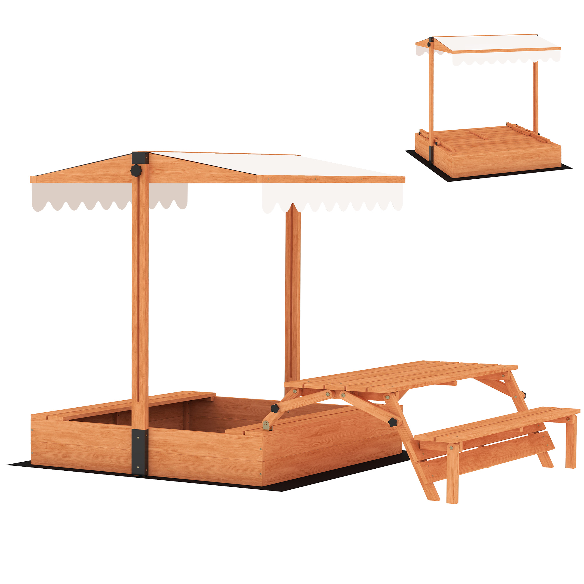 Sandkasten mit Dach Sandkiste aus Holz mit klappbarem Picknicktisch Sitzbänken für 3-8 Jahre 184 x 110 x 120 cm Braun