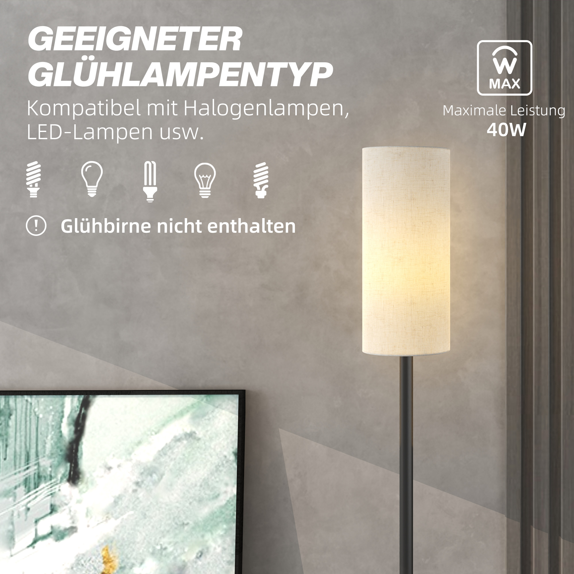 Stehlampe, Schirm in Leinenoptik, Metallstange, Fußschalter, Weiß