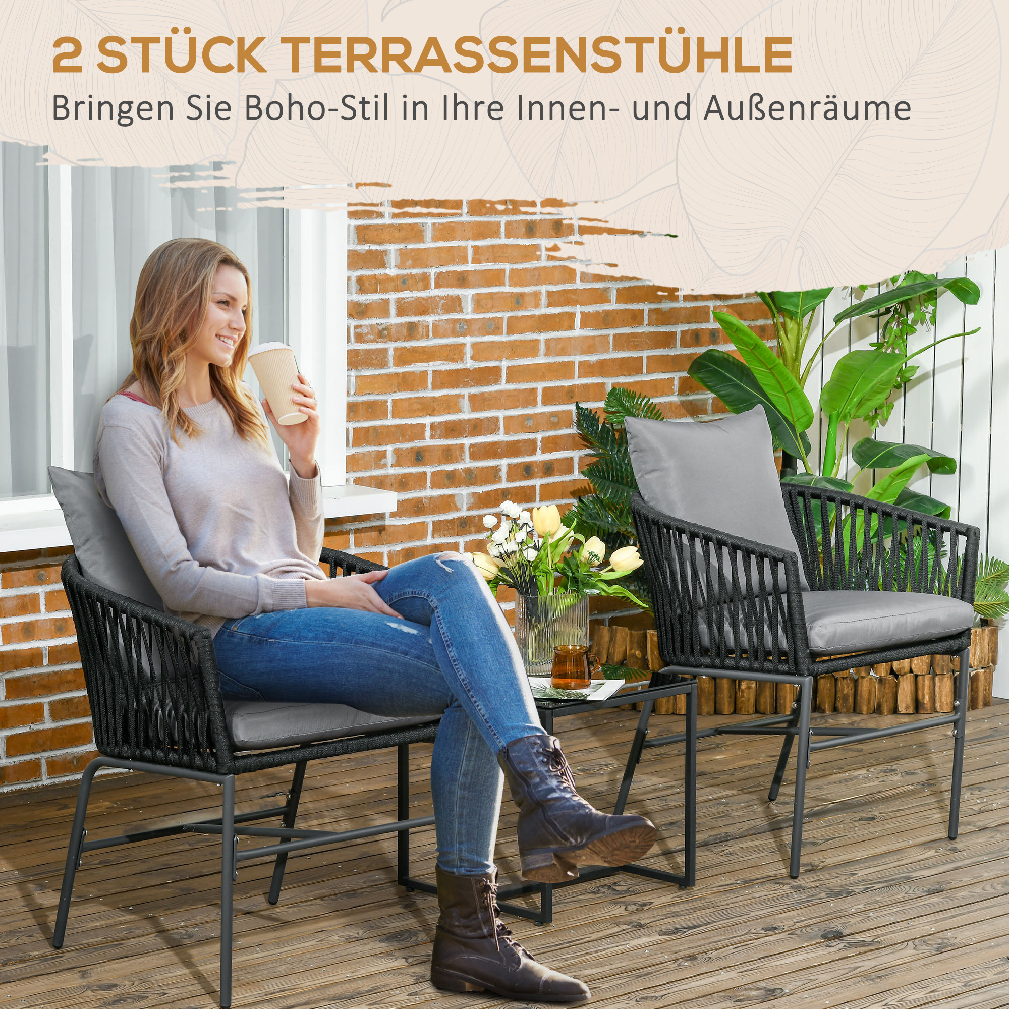 Outdoor Stühle, 2-er Set, Boho-Design, Sitz- und Rückenkissen, bequeme Sitzschale, Metallrahmen, Schwarz