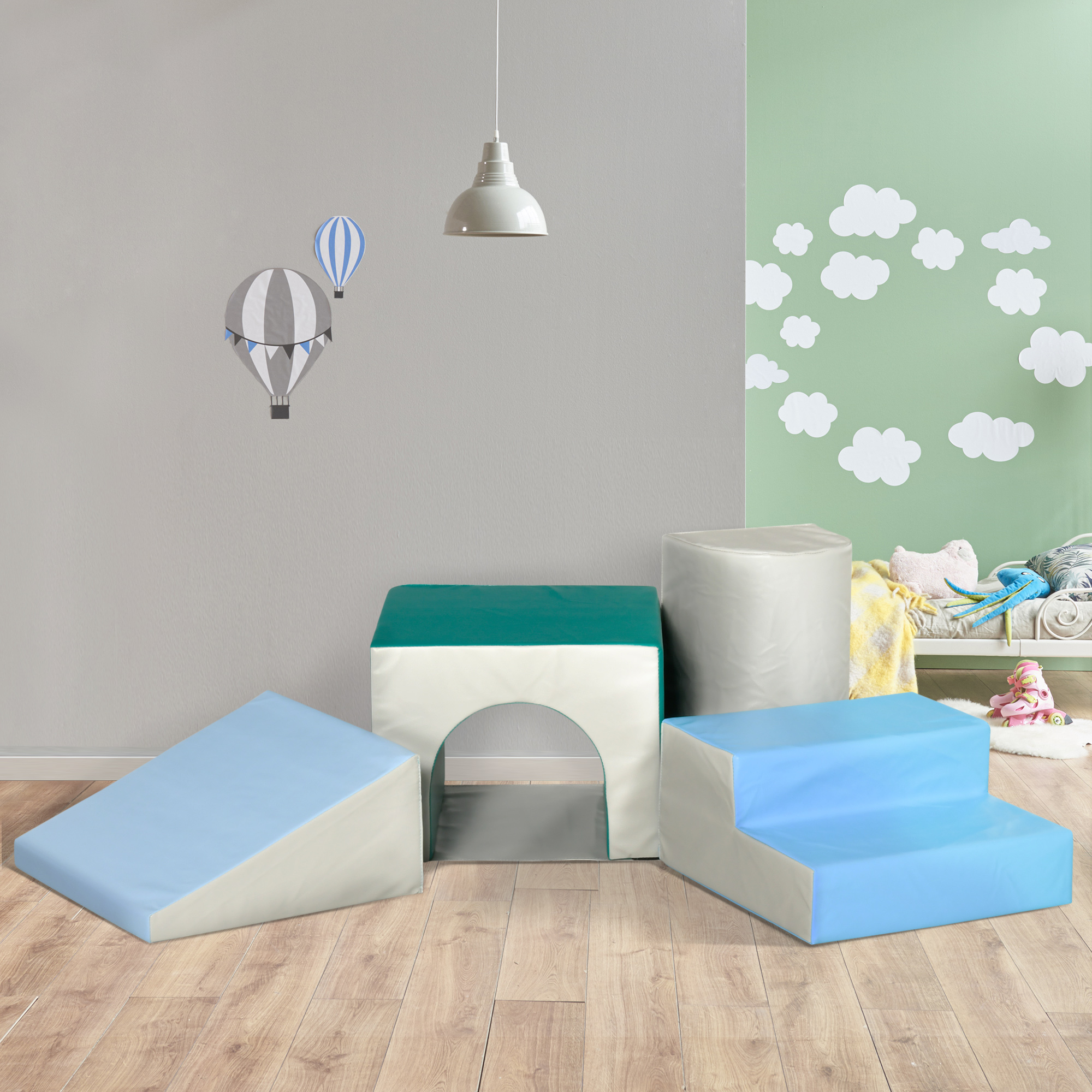 Bausteinset 4er-Set Schaumstoff Bausteine einfache Reinigung weiche Füllung Schaumstoffblöcke für 1-3 Jahre Kinder EPE Hellgrau+Blau+Grün 150 x 50 x 39 cm