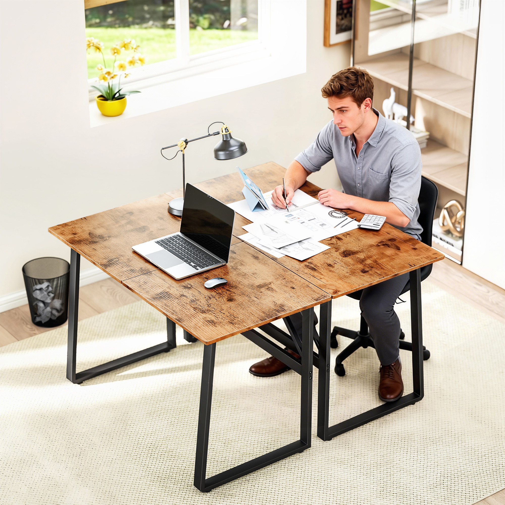 Schreibtisch Computertisch mit Stahlrahmen Bürotisch PC Tisch 120x60x76cm Rustikal-Braun+Schwarz