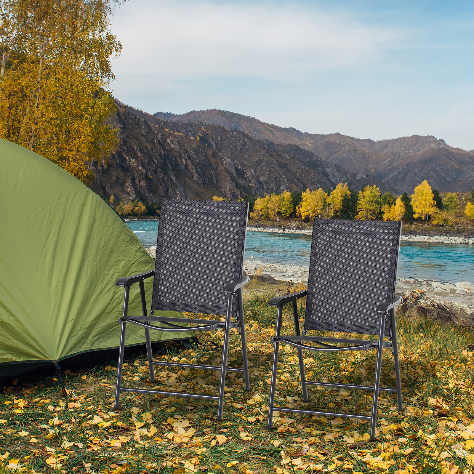 Klappstuhl mit Armlehne 2er Set Campingstuhl Angelstuhl Metall Schwarz 58 x 64 x 94 cm
