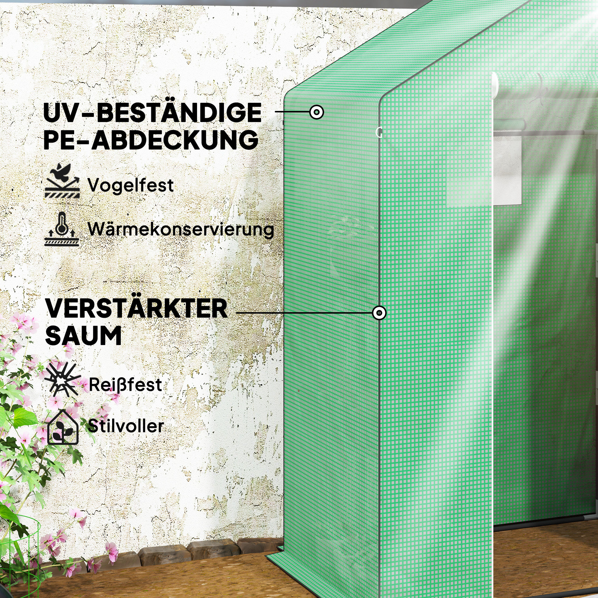 Gewächshaus mit Regalen, Mini-Treibhaus, UV-beständig, Netzfenster, Reißverschlusstür, 143L x 74B x 190H cm, Grün