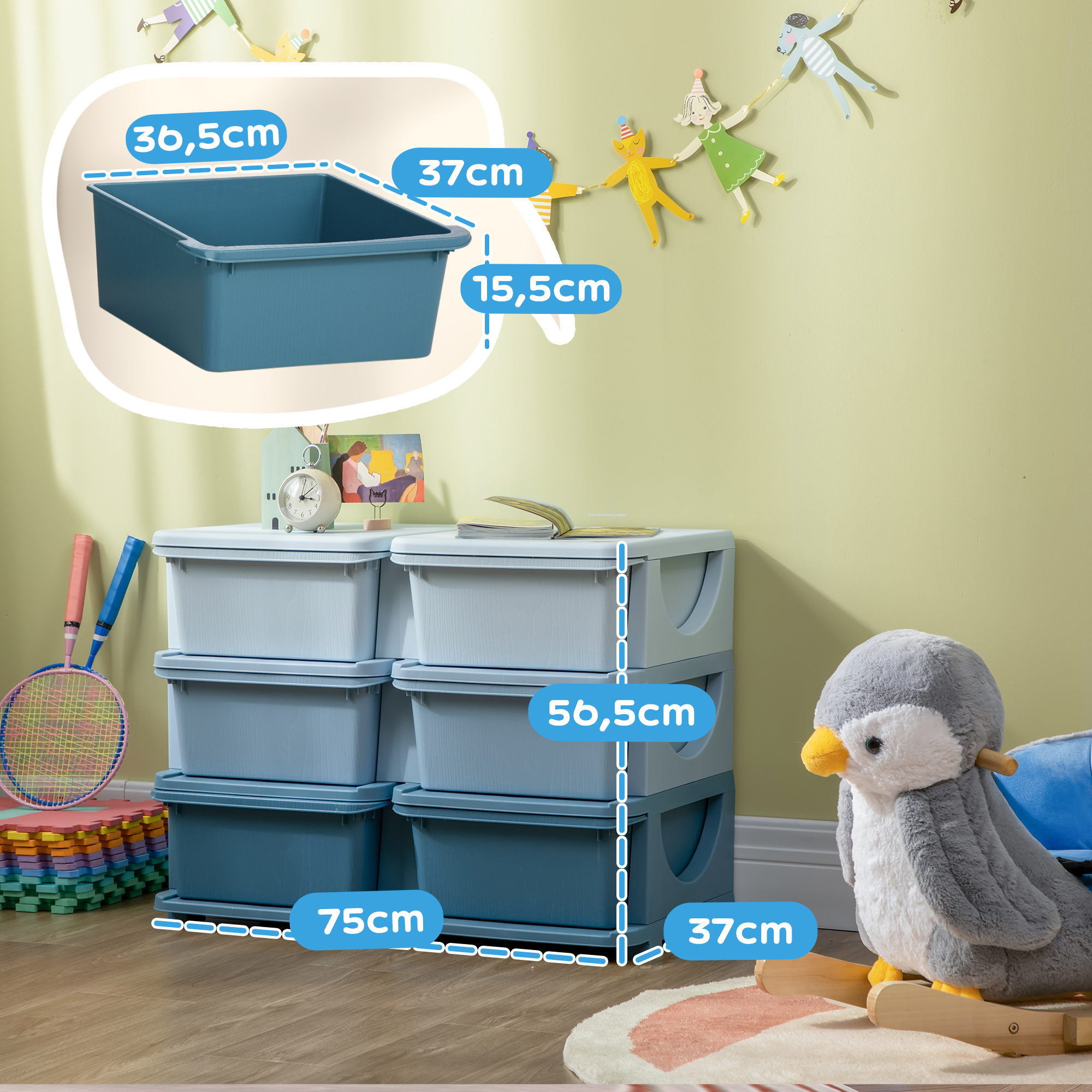 Aufbewahrungsbox für Kinder, Kinder-Aufbewahrungsbox, 3 Schubladen, Blau