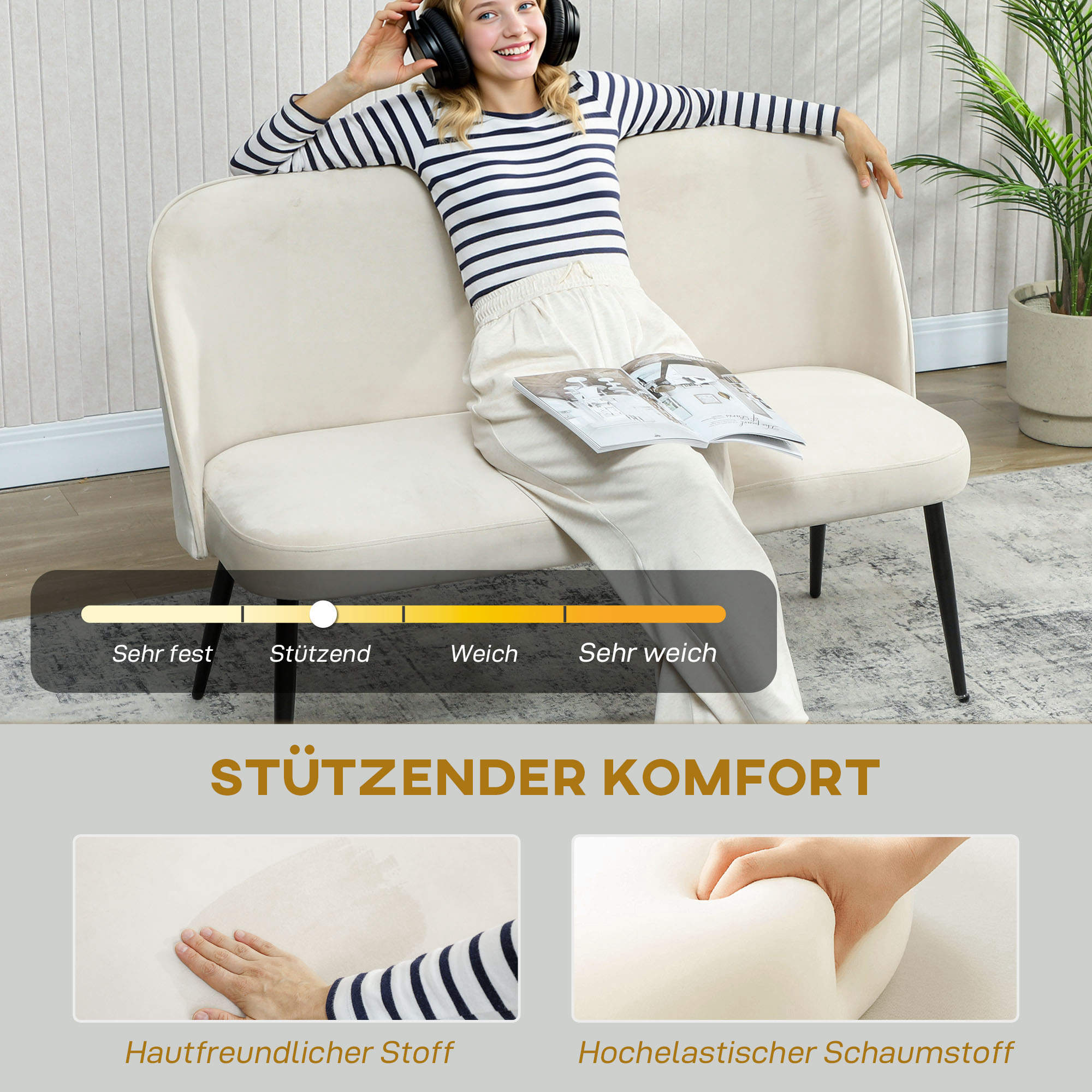 2-Sitzer-Sofa, moderne Polstercouch mit Metall- und Holzrahmen, samtartiger Stoffbezug, Beige