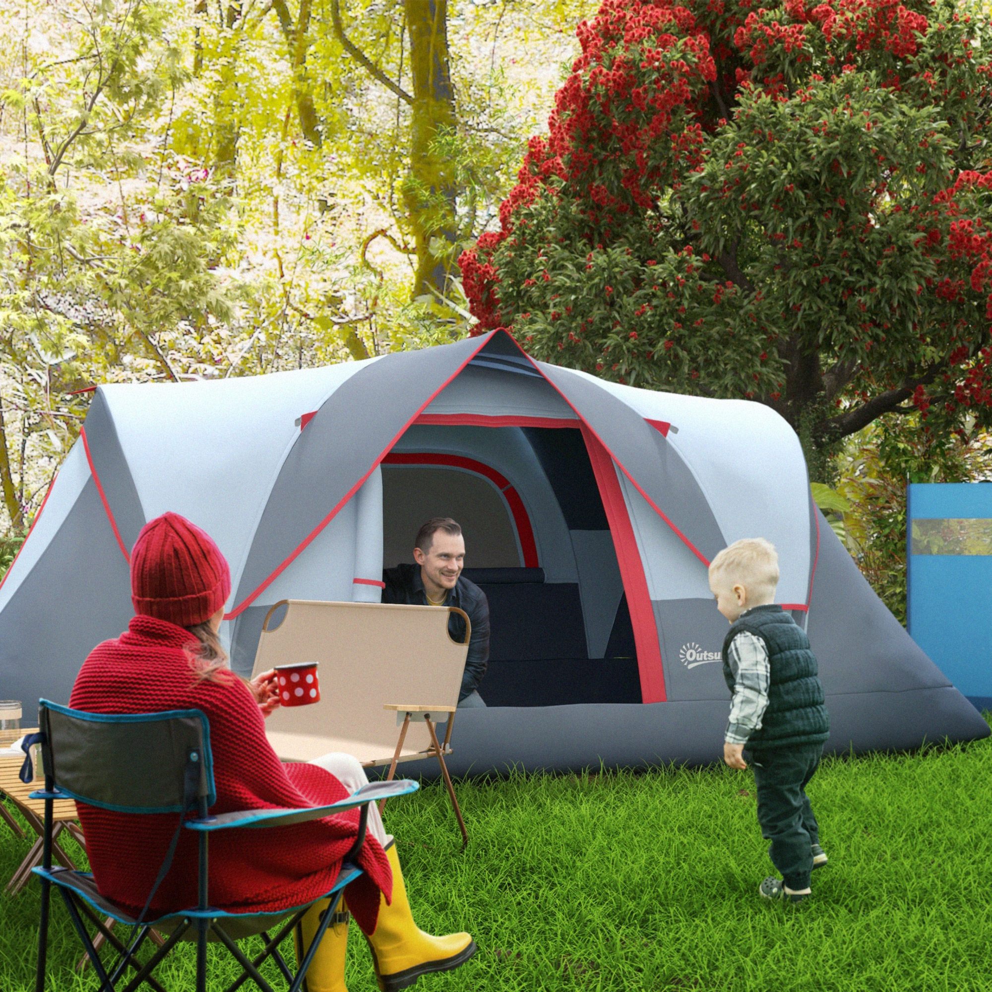 Campingzelt für 5-6 Personen stabil wasserdicht Familienzelt mit Eingang Fenster Packtasche, Zelt mit 3000mm Wassersäule Tunnelzelt Kuppelzelt für Camping Reise Garten, Hellgrau