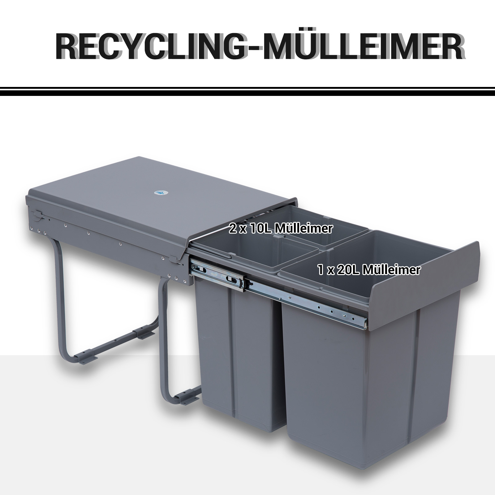 Mülleimer-Konstruktion mit 3 Abfalleimern zur Mülltrennung, Schienensystem, einbaubar, 3er-Set Müllbehälter, Grau
