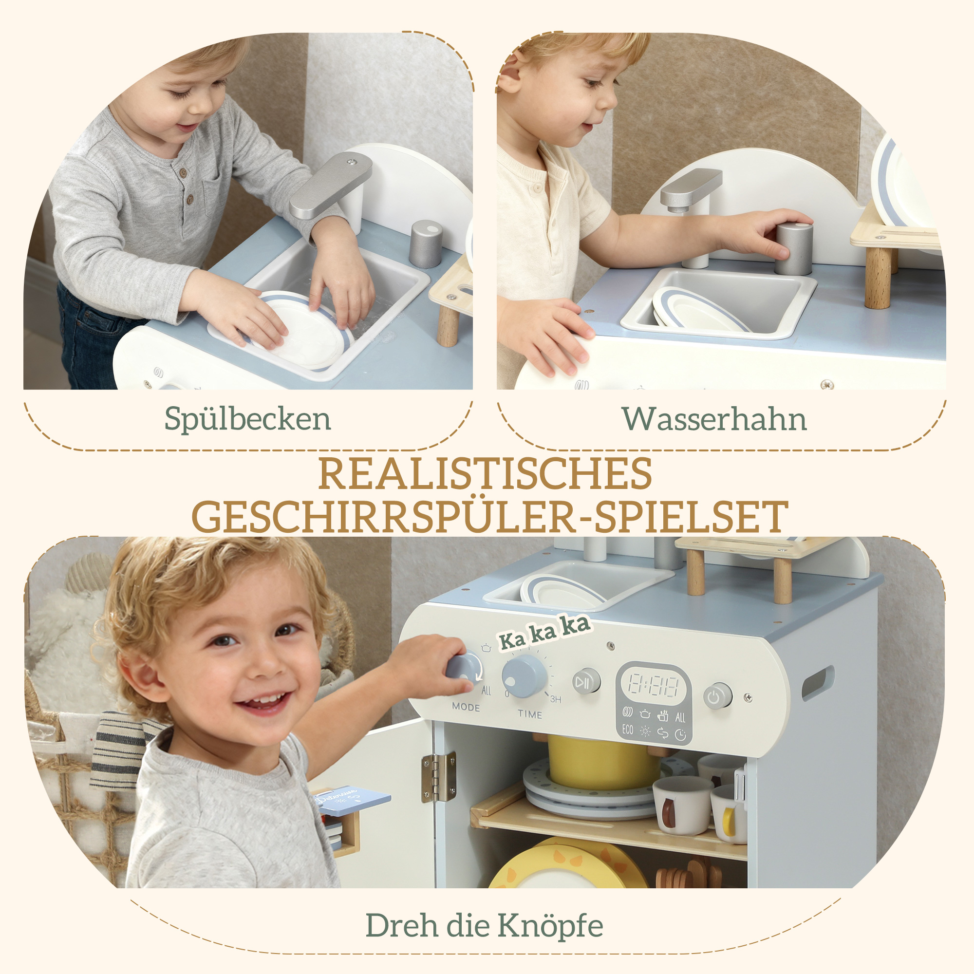 Spülküchen-Set, Holzgeschirrspüler für Kinder, 32 Zubehör-Teile, MDF, für Kinder ab 3 Jahren, Hellblau