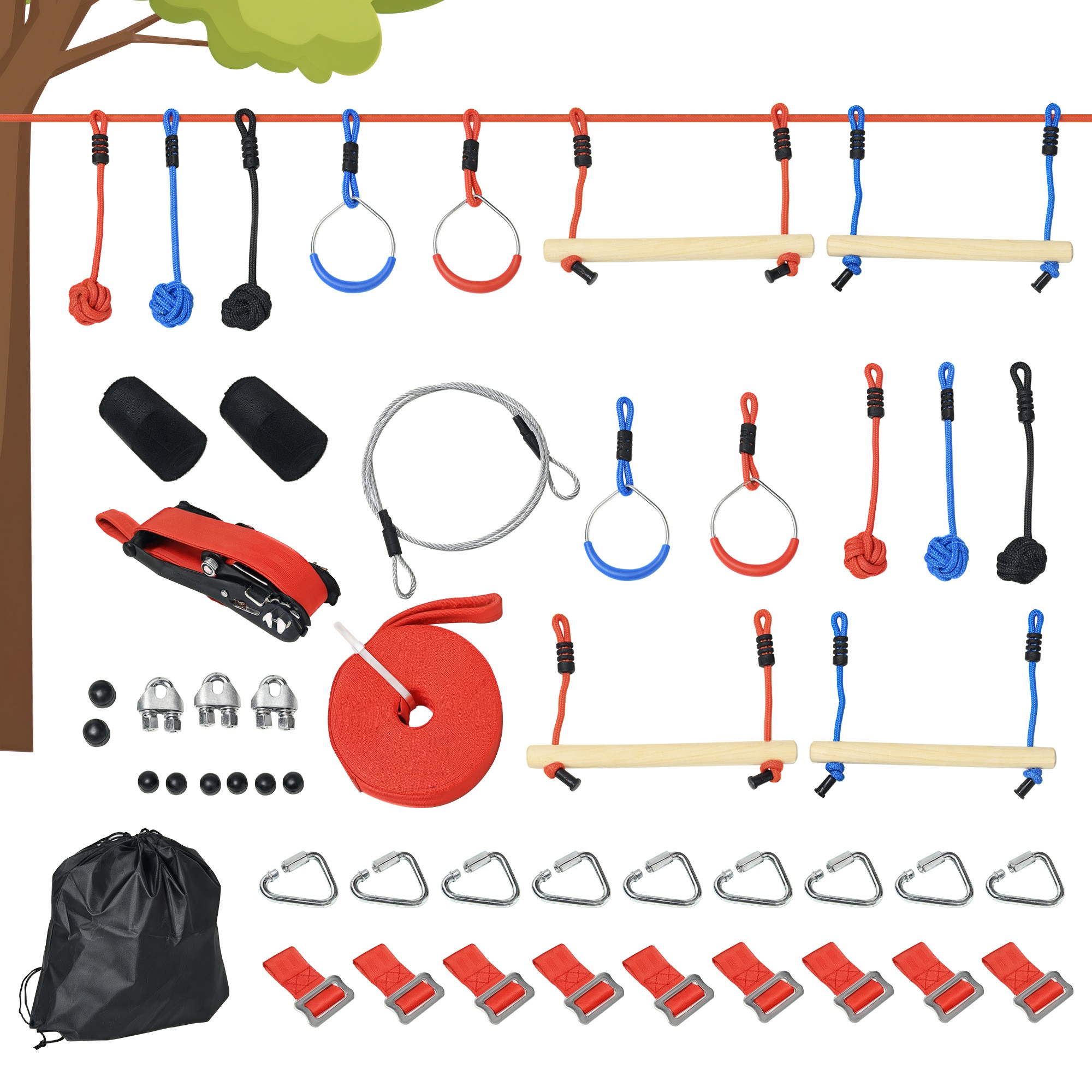 Ninja Kletterset, Slackline, 30-teilig, 10 m Seil, für Kinder 3-6 Jahren