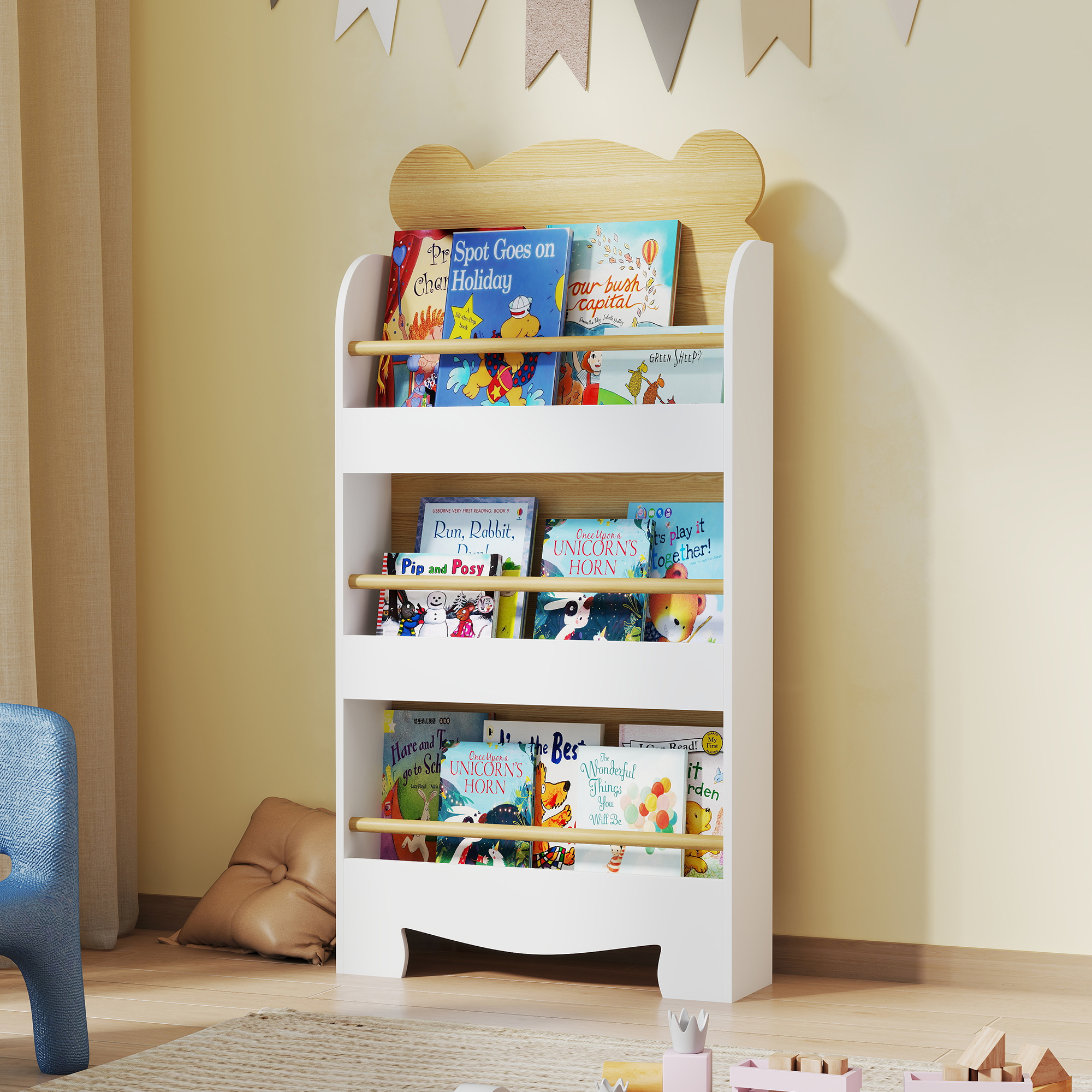Bücherregal für Kinder Kinderregal mit 3 Ablagen Aufbewahrungsregal aus Holz 55x15x110cm Naturholz