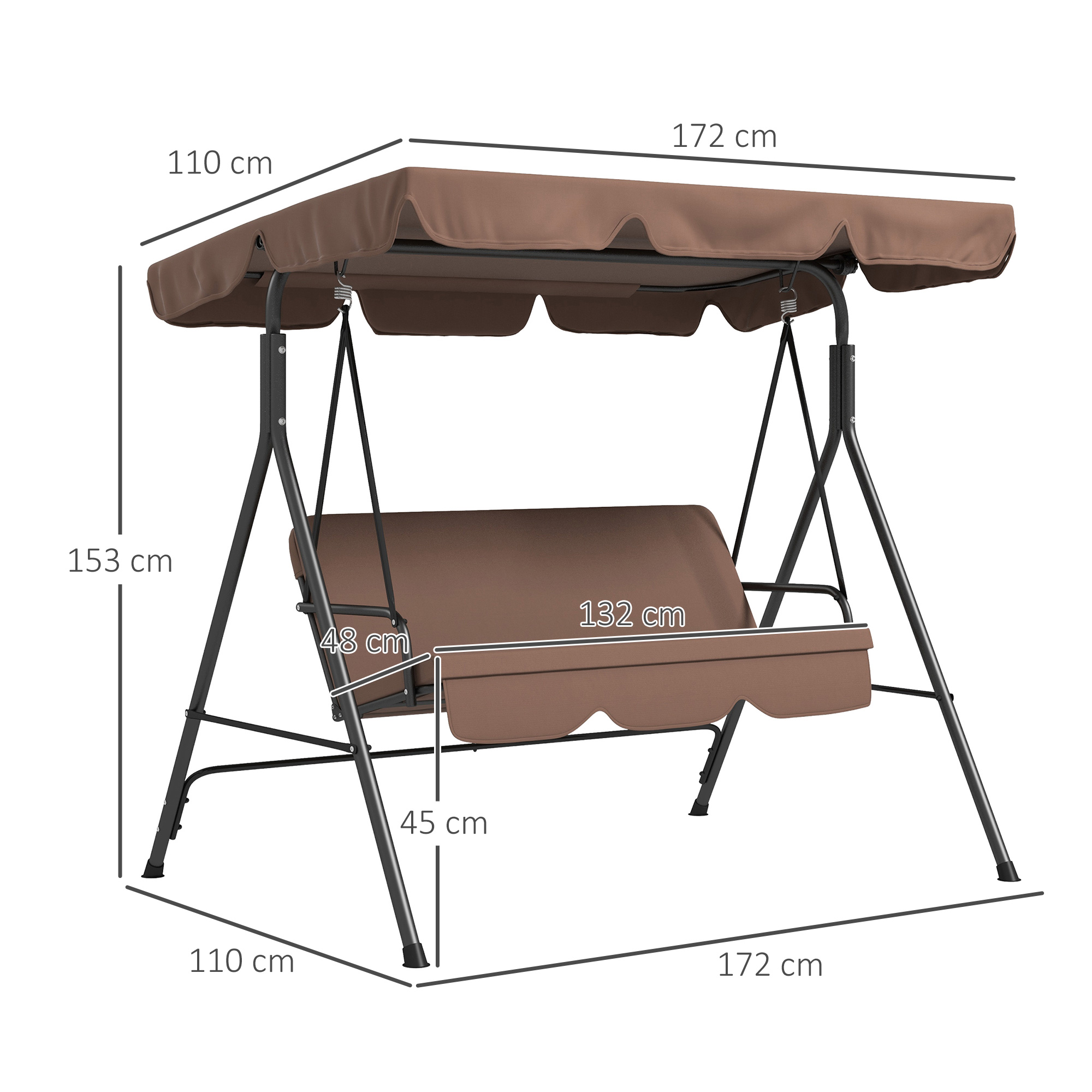 Hollywoodschaukel Gartenschaukel 3-Sitzer, wetterbeständig, verstellbares Dach, 172 x 110 x 153, Braun
