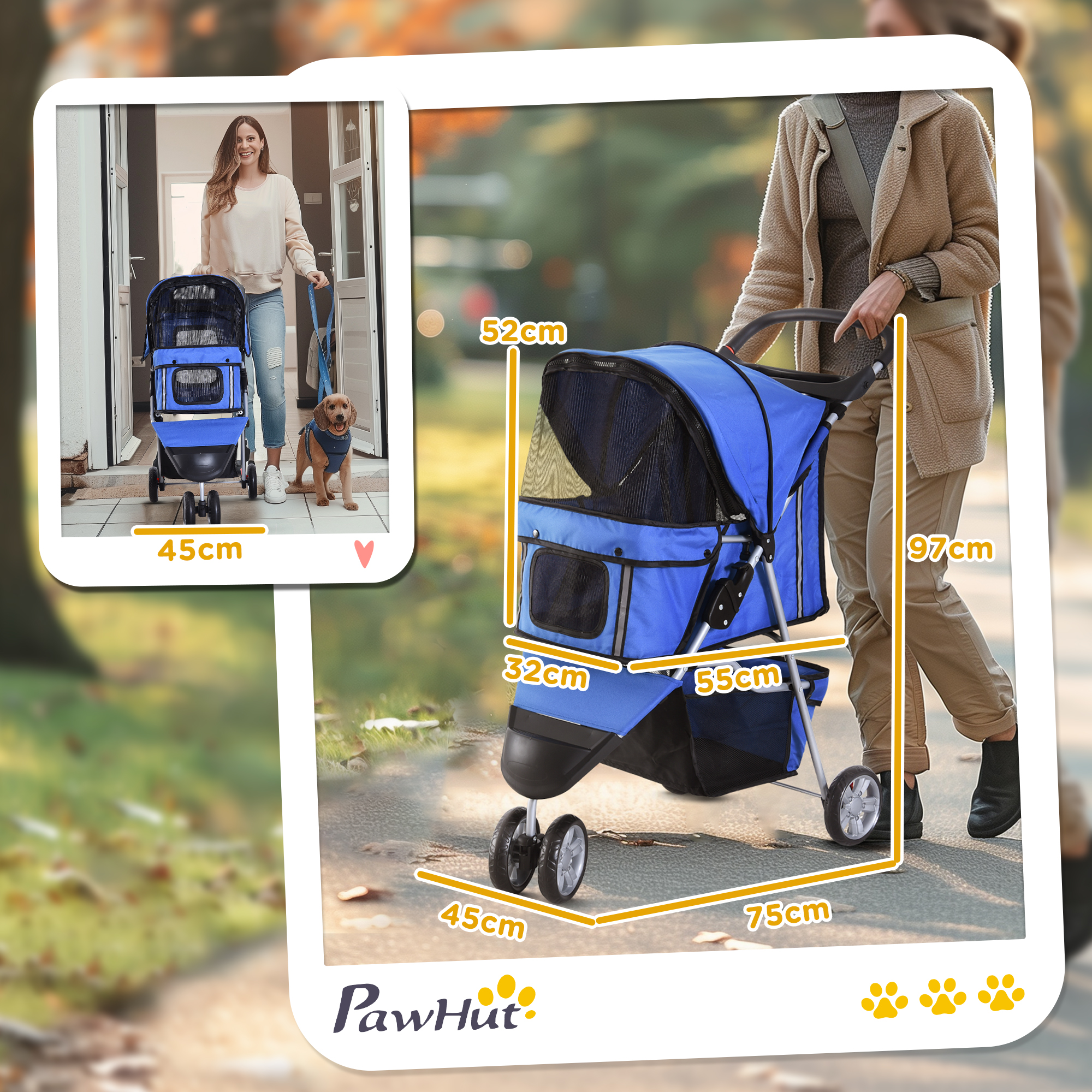 Hundewagen Hundebuggy bis 10 kg Klappbar Netzfenster Ablagekorb 2 Becherhalter Blau