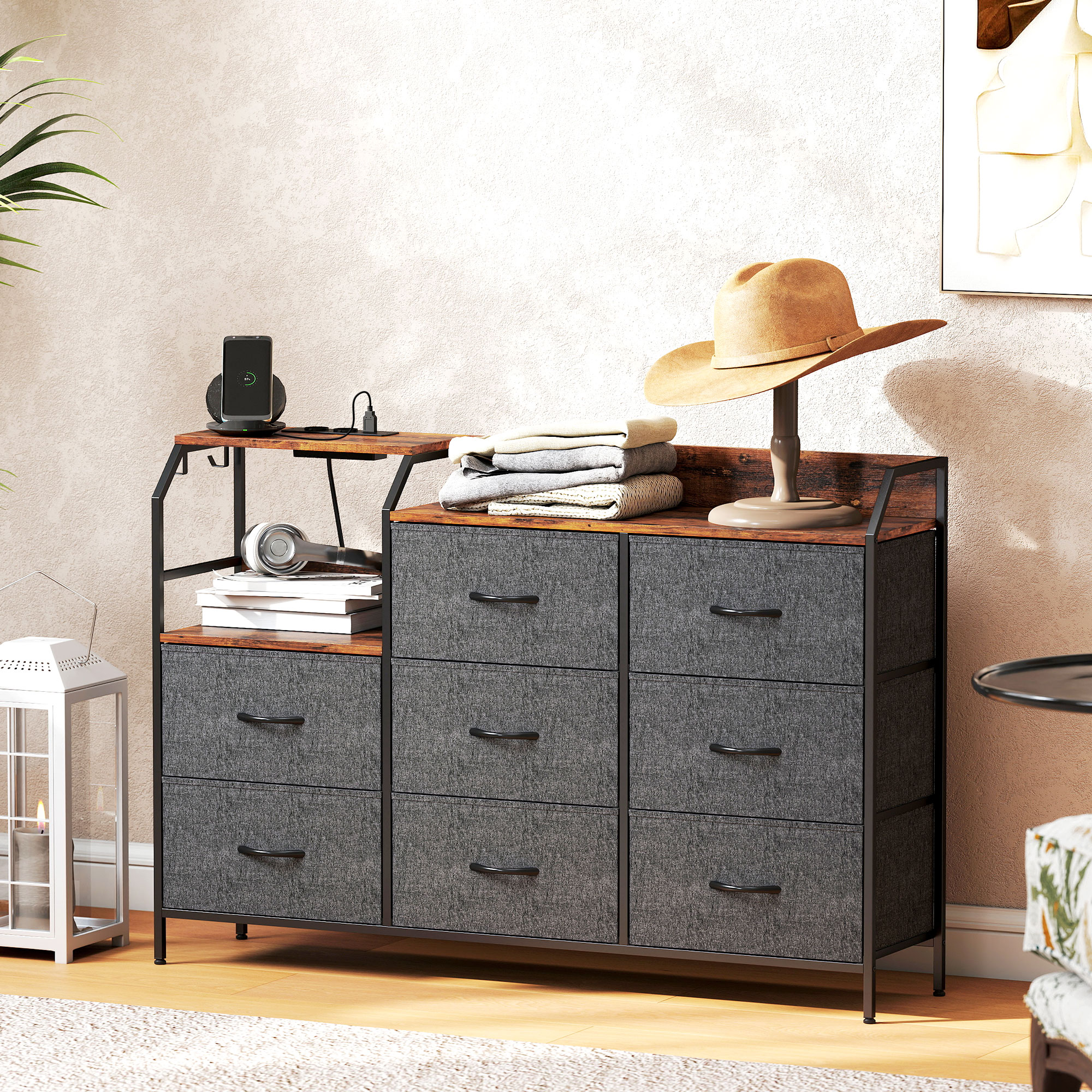 Kommode mit 8 Stoffschubladen, Stahlrahmen, Ladestation, Rustikal-Braun+Schwarz