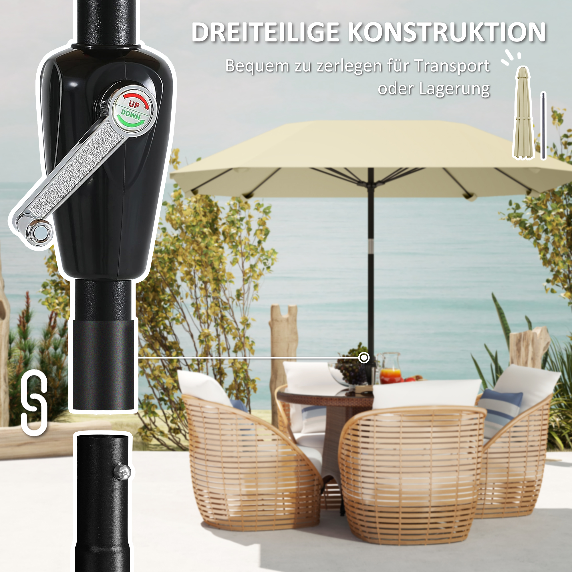 2,3 m Sonnenschirm ohne Basis, Verstellbarer Terrassenschirm mit Kurbel, Polyester, Aluminium, Fiberglas, Beige