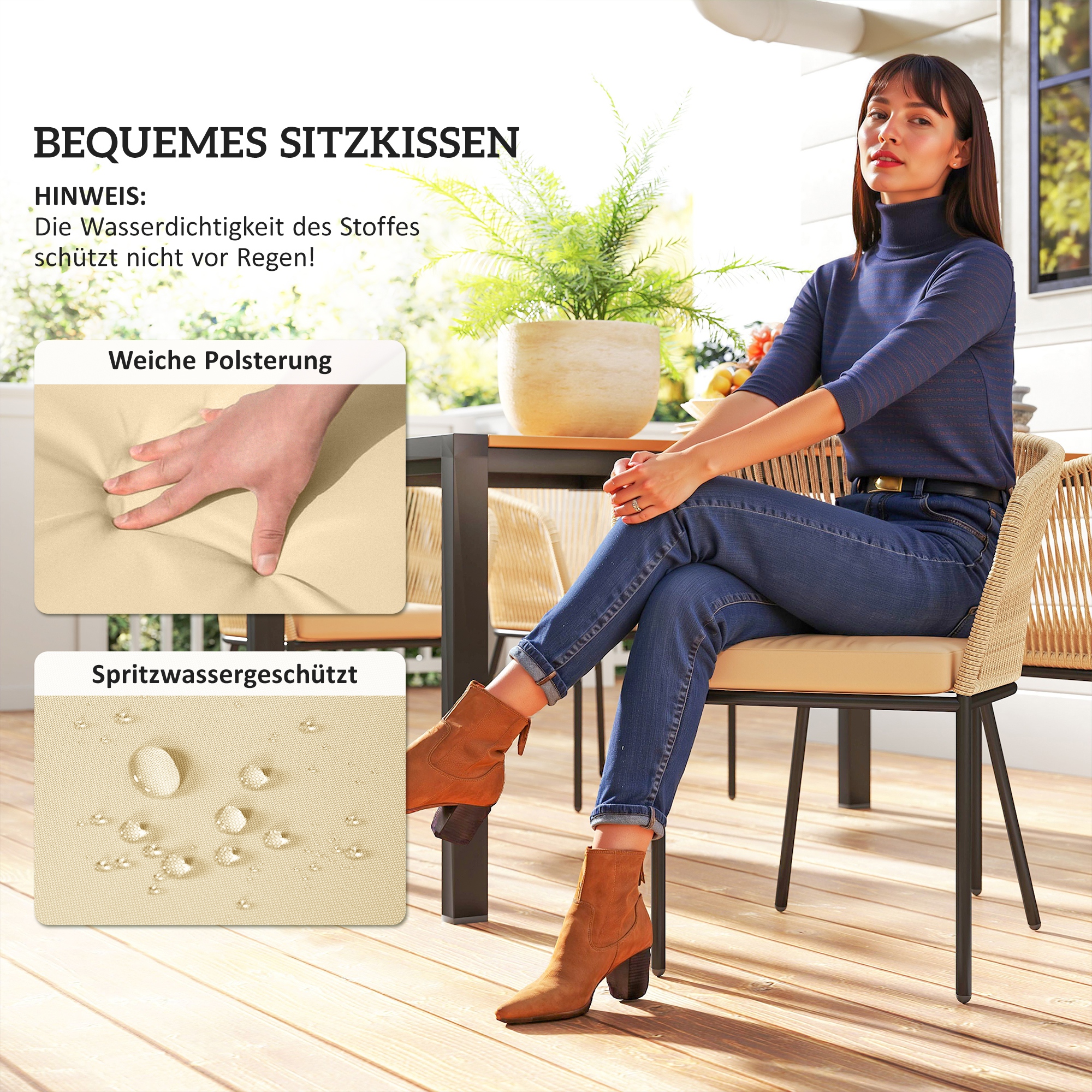 5-teiliges Gartenmöbel-Set, 4 Stühle, 1 Tisch, Kunst-Rattan, Stahlgestell, waschbare Kissen, für Terrasse, Khaki