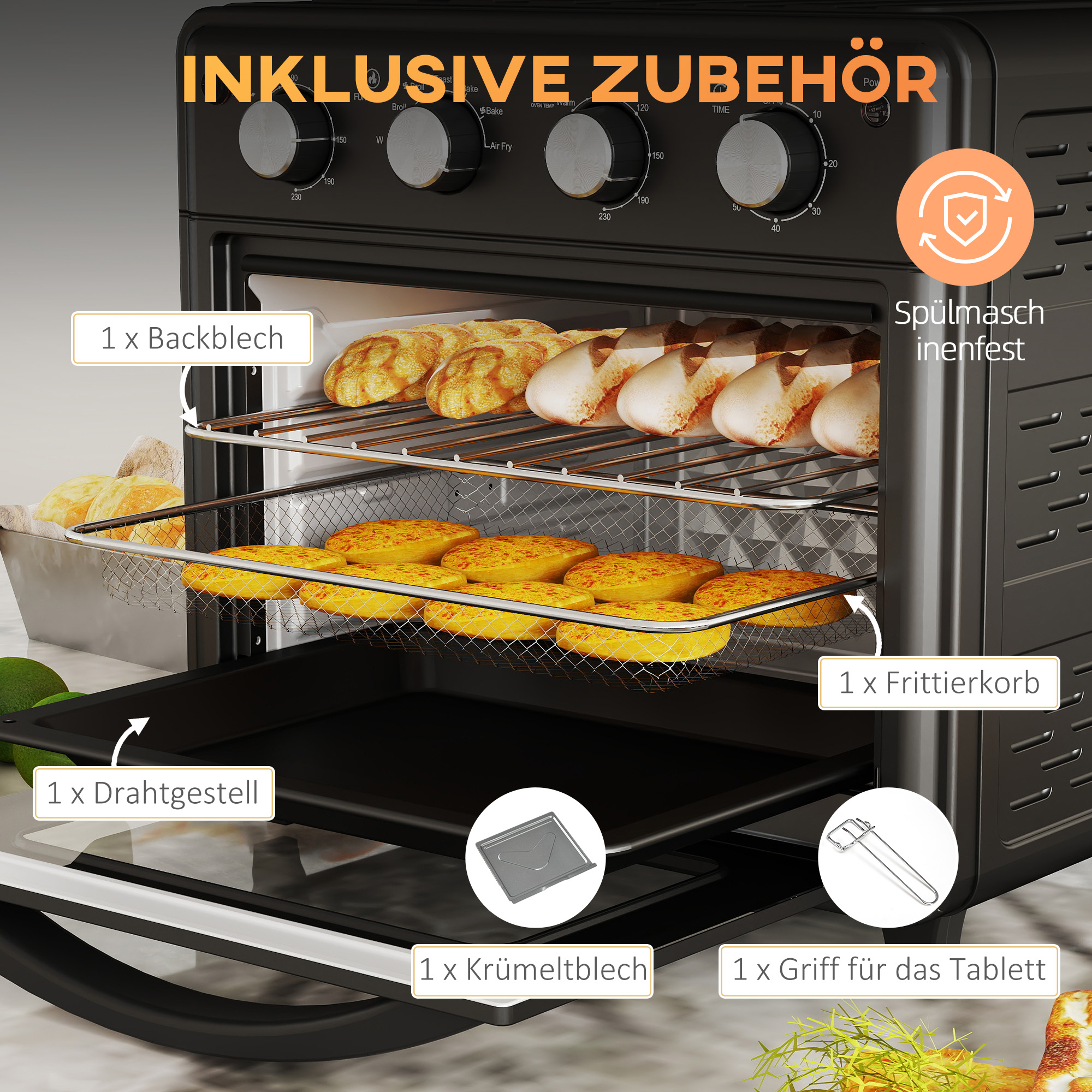 Minibackofen, Heißluftfritteuse, 90-230° C, 7 Programme, Zubehör, Schwarz