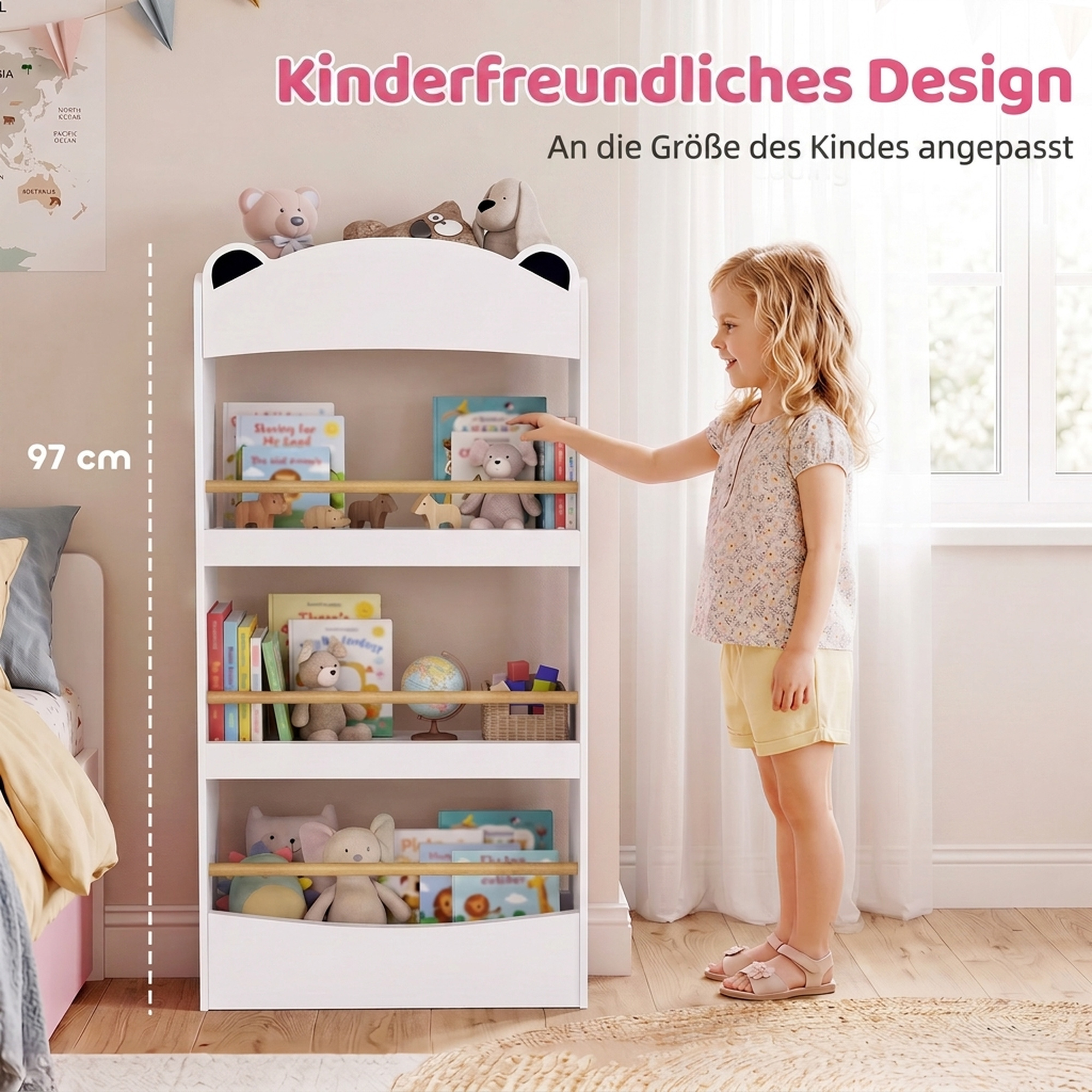 Bücherregal Kinder, Wandmontiert Kinderregal mit 4 Ebenen, Wandregal mit bärenförmige Design, 50 x 15 x 97 cm Weiß