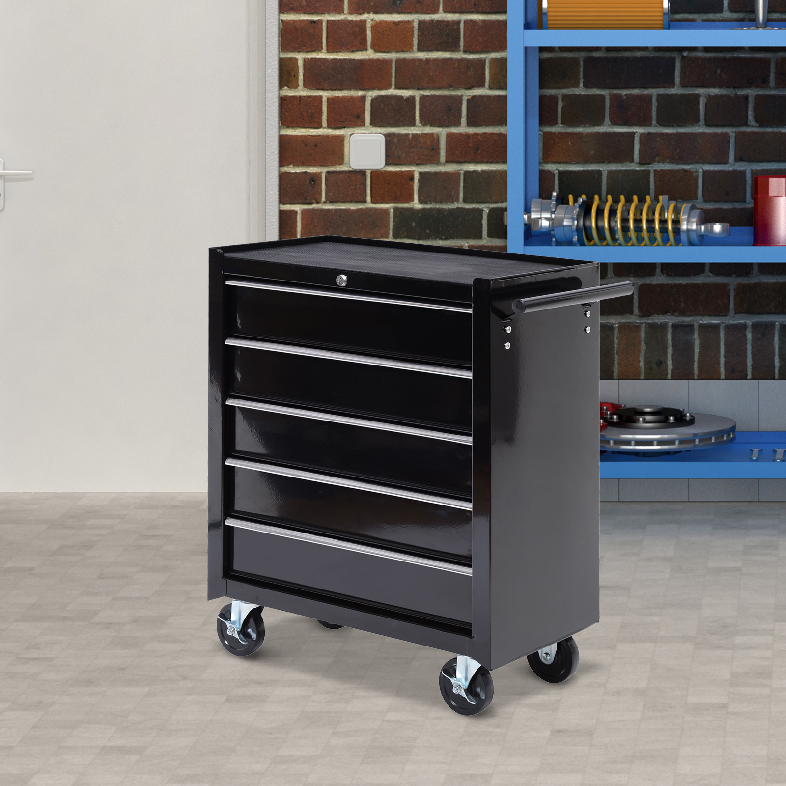 Werkzeugkiste, Werkzeugschrank, rollbar, 5 Schubladen, Stahl, Schwarz