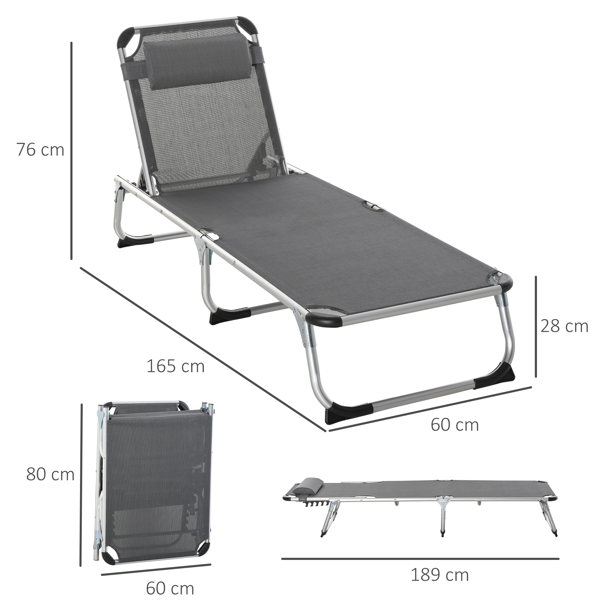 Sonnenliege faltbar Gartenliege mit Kopfkissen Liegestuhl mit der 4-stufig verstellbaren Rückenlehne Campingliege bis 120 kg belastbar für Outdoor-Park, Garten, Grau