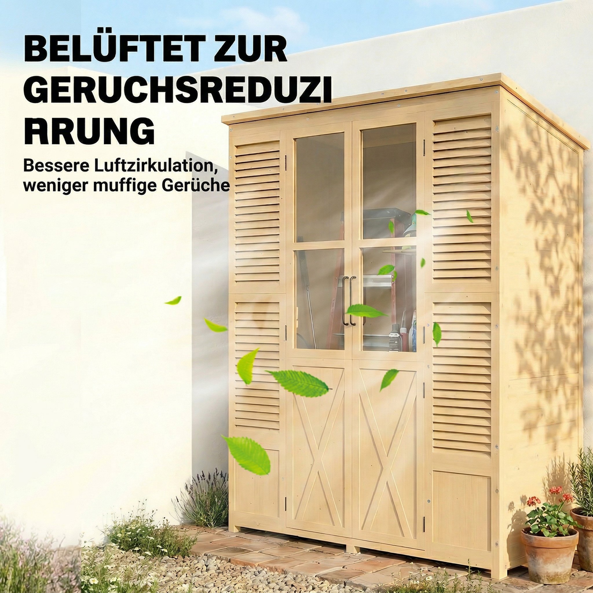 Gartenschrank Holz Begehbarer Geräteschuppen mit Ablage Acrylfenstern Doppeltür Asphalt-Dach Lamellenlüftung Bodenplatte