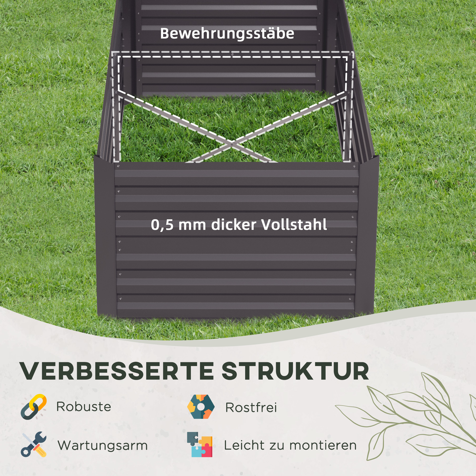 Pflanzenkübel, Handliches Blumenbeet zum Anpflanzen, Hegen und Pflegen, Hochbeet, Stahl, Dunkelgrau