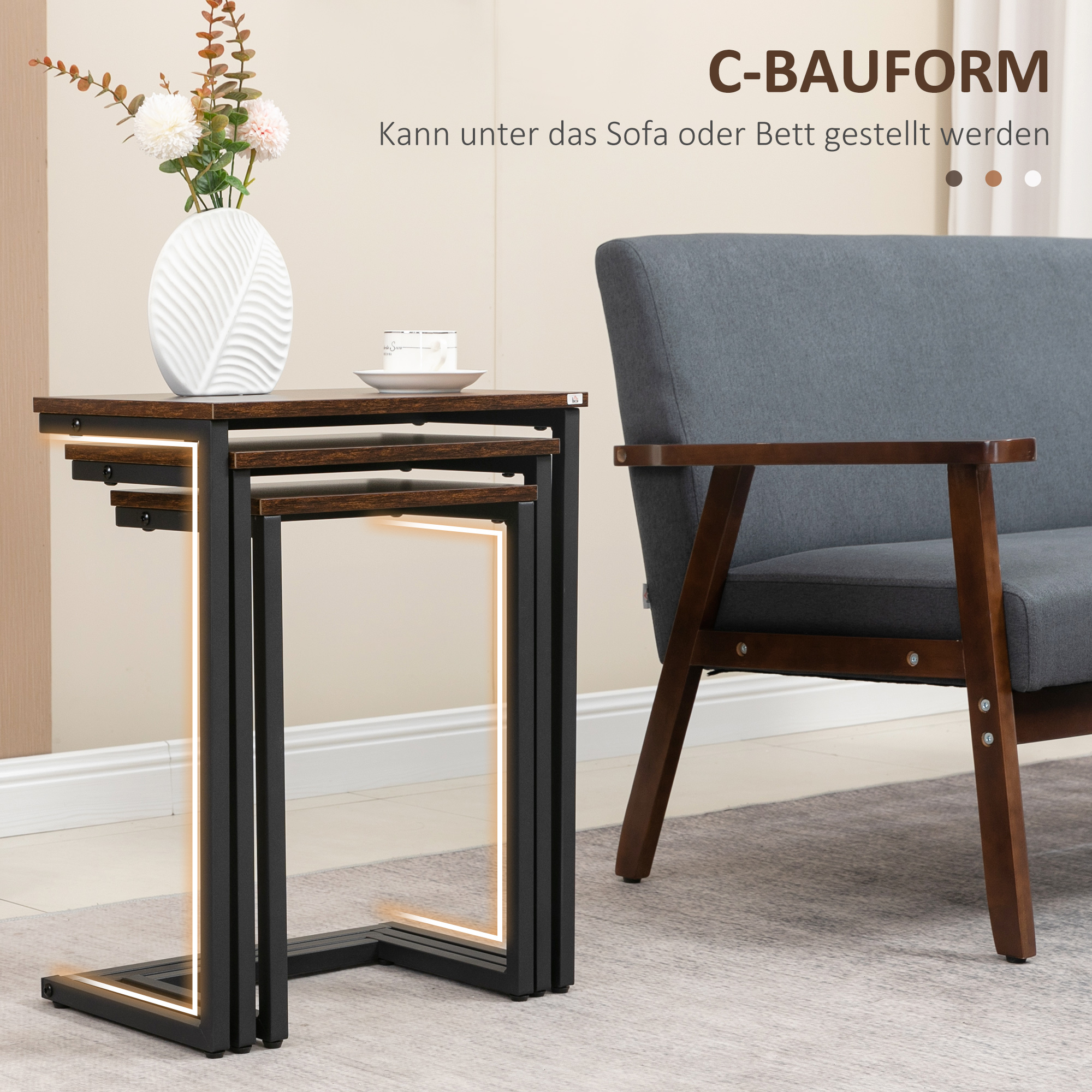 Satztisch, Beistelltisch, 3er-Set, Industrial Design, Stahlrahmen, braun+schwarz, 45 x 30 x 60cm