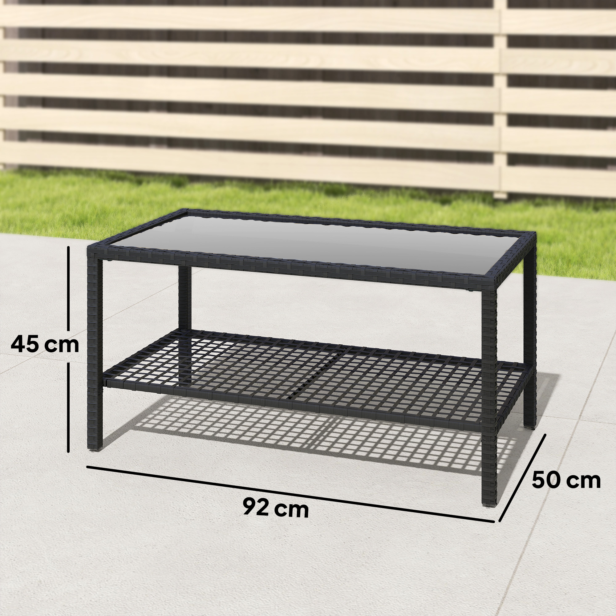 Rattan-Couchtisch, zweistufiger Outdoor-Tisch mit Ablagefach, gehärteter Glasplatte und Stahlrahmen, Schwarz