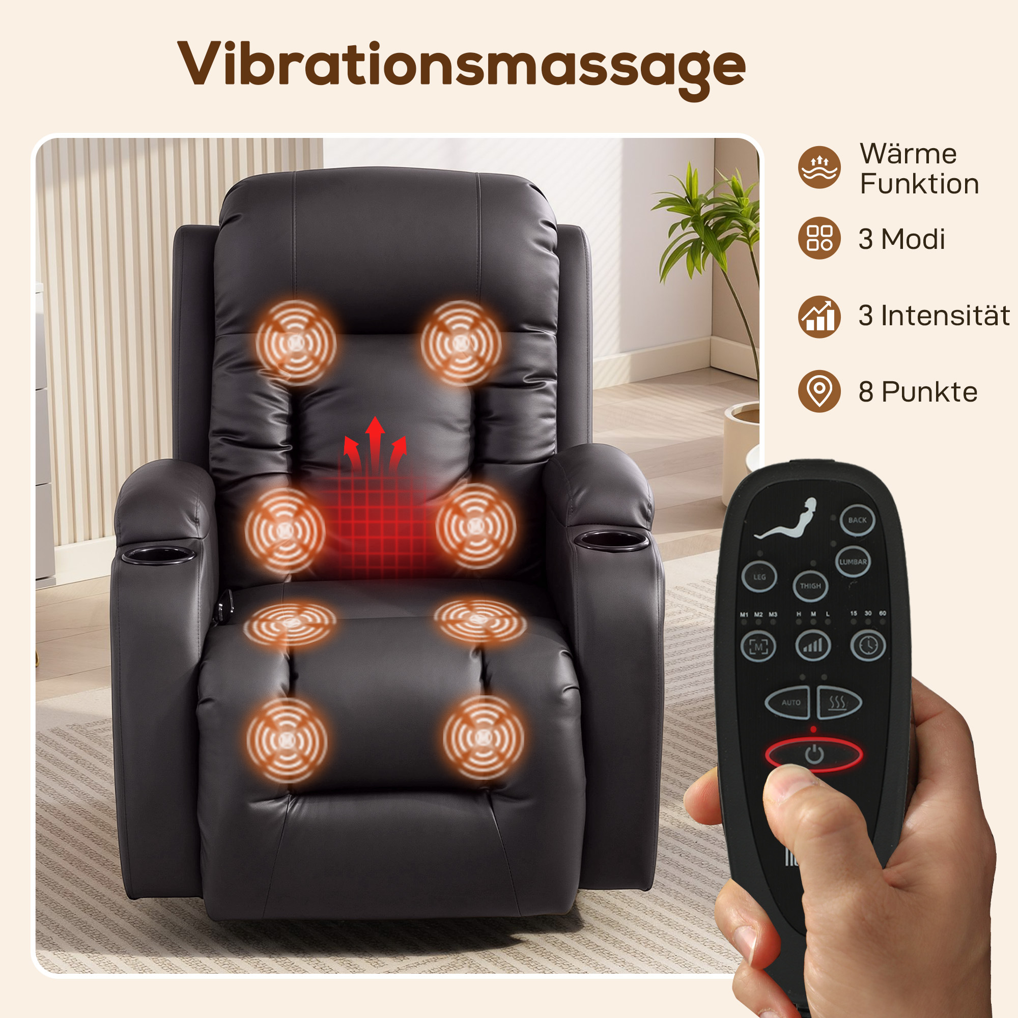 Massagesessel mit Wipp-, Liege- & Wärmefunktion, 3 Modi, drehbar, Dunkelbraun