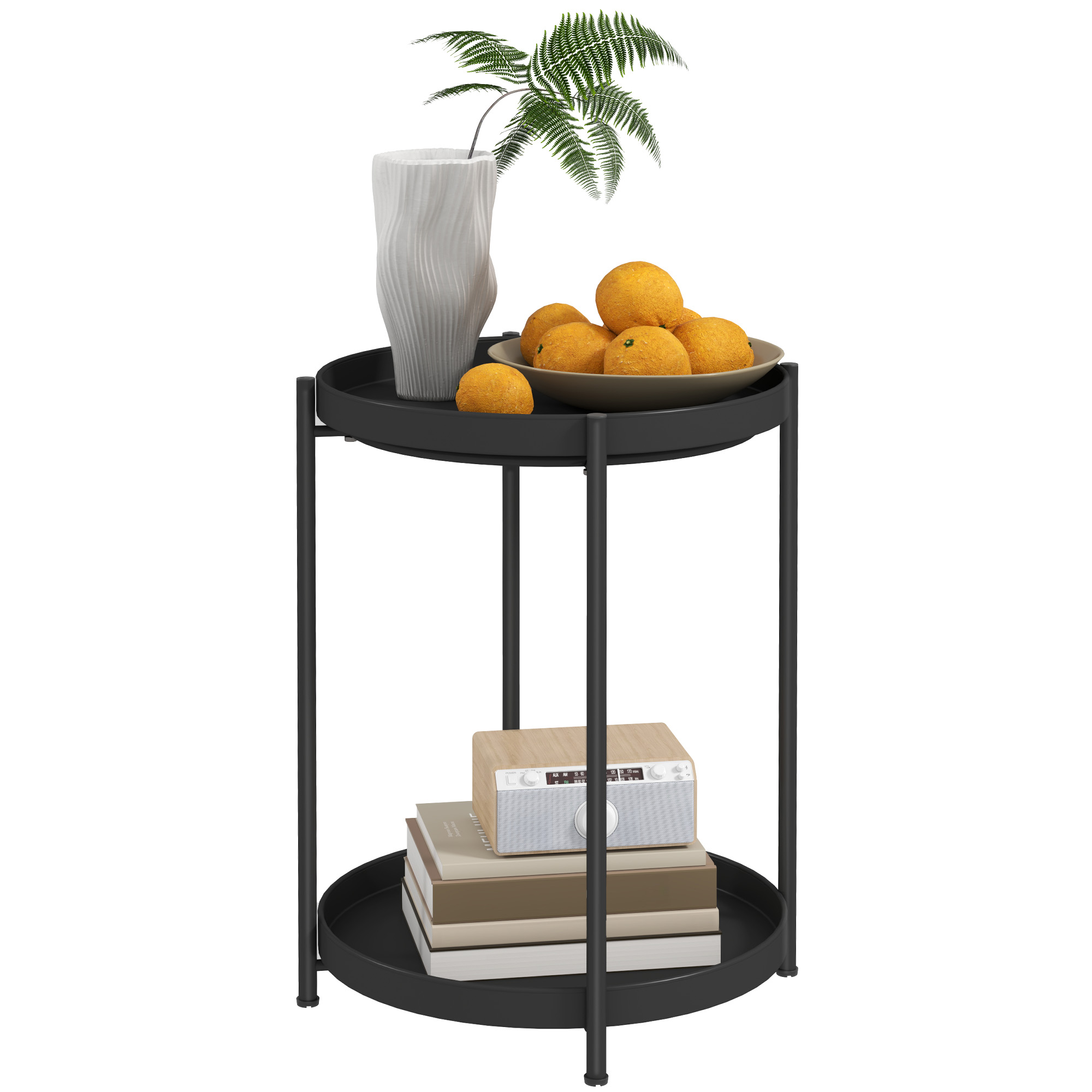 Runder Beistelltisch mit Regalboden, 2-stufiger Kaffeetisch für Wohnzimmer, Schlafzimmer, kleine Räume, Metall, Schwarz