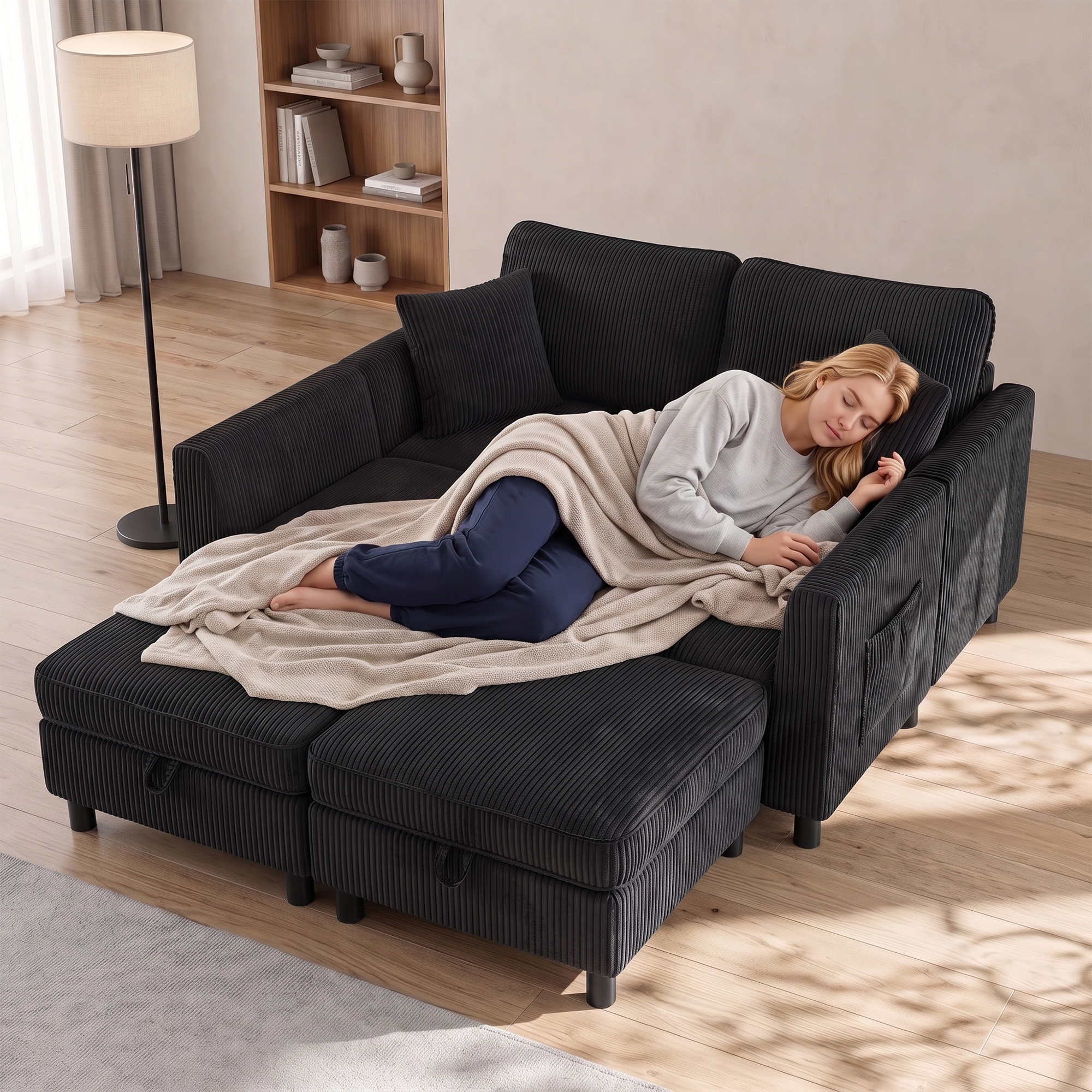 Ecksofa 4-Sitzer U-Form Sofa mit Stauraum-Ottomane, 306 cm Eckcouch mit Cord-Optik, 4 Kissen, für Wohnzimmer