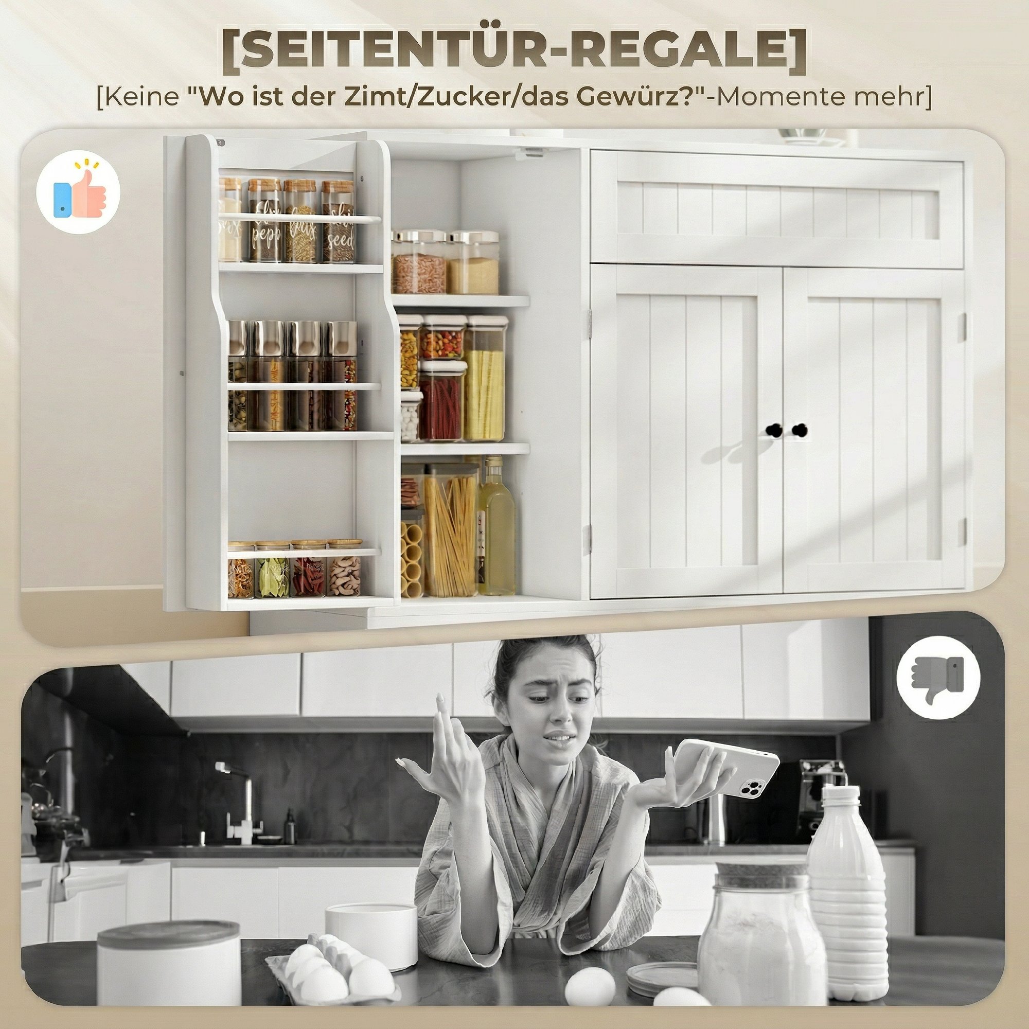 modernes Küchen-Sideboard mit Schublade, verstellbaren Regalen, kleine Küchen-Vorratskammer mit Türfächern, Weiß