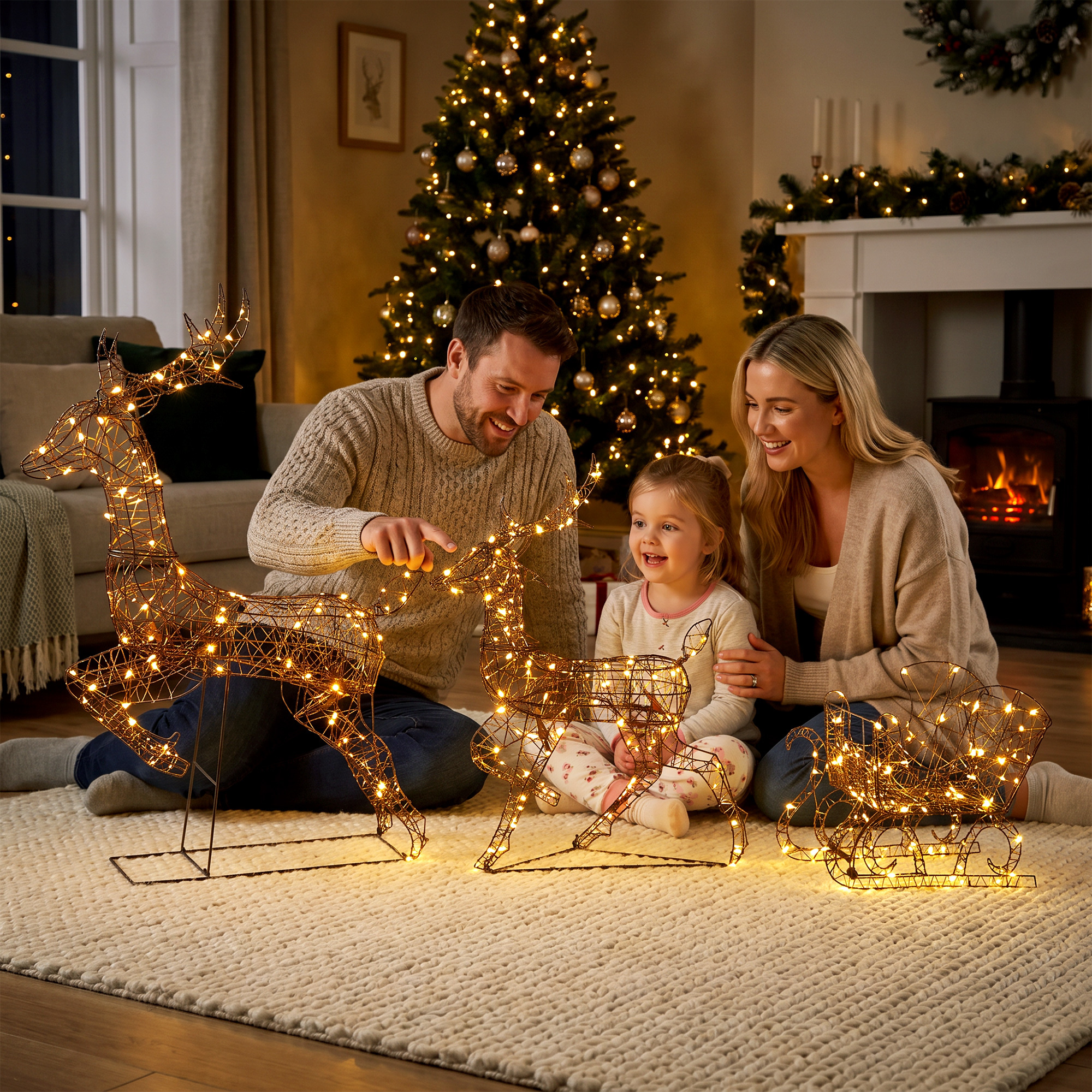 3-tlg. beleuchtetes Rentier- und Schlitten-Set, Weihnachtsdeko aus Polyrattan mit LEDs, 8 Modi, Timer