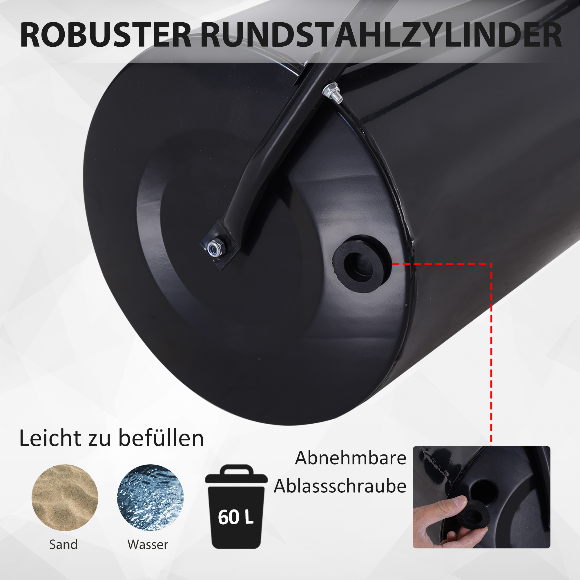 Rasenwalze mit U-Griff, Gartenwalze, Gartenrolle, 40 cm Durchmesser, 60 L Wasser-/Sandfüllung, Metall, Schwarz 57 x 40 x 123 cm