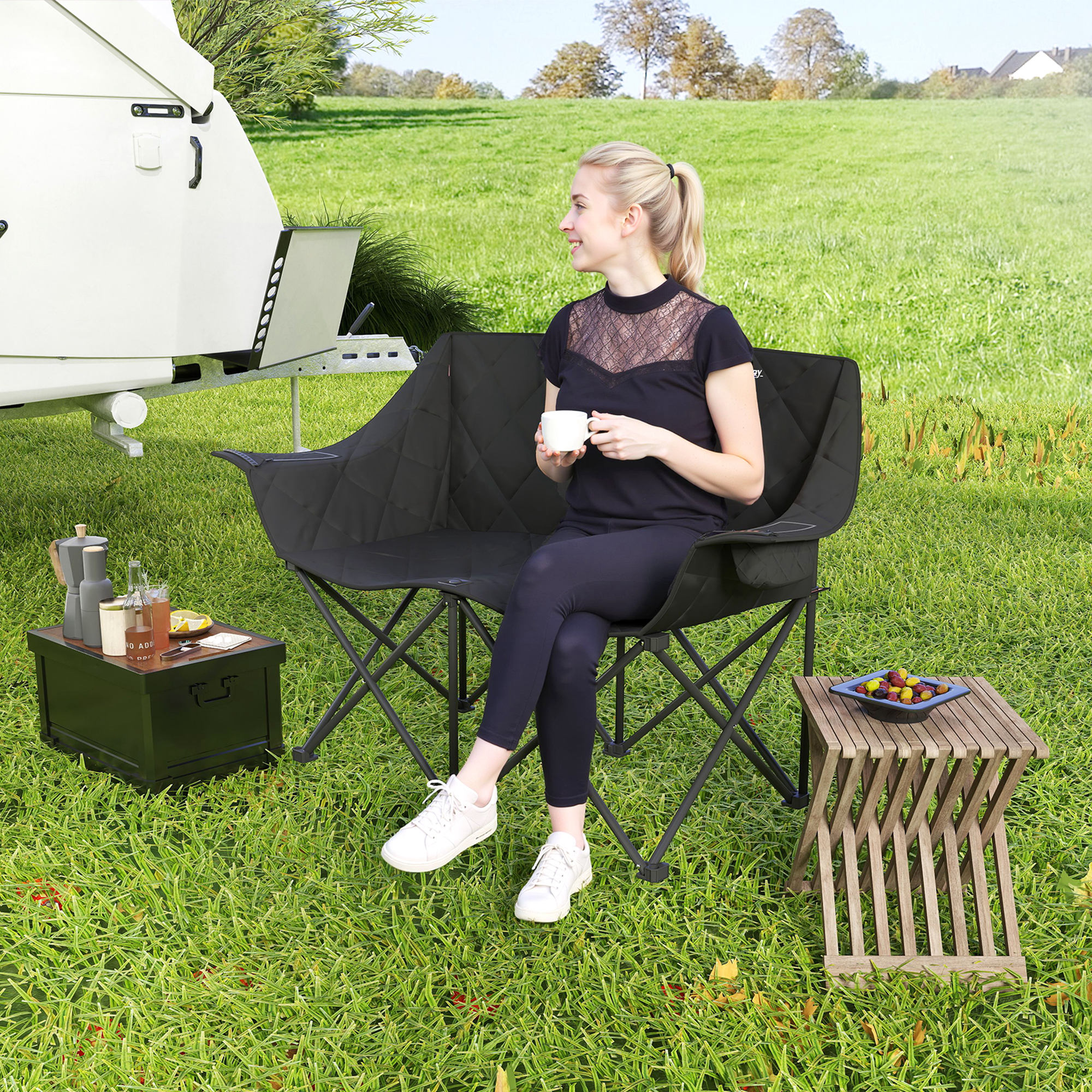 Faltstuhl faltbar 2 Sitzer Campingstuhl mit Tragetasche Outdoor bis 250kg belastbar 145 x 60 x 92 cm Schwarz