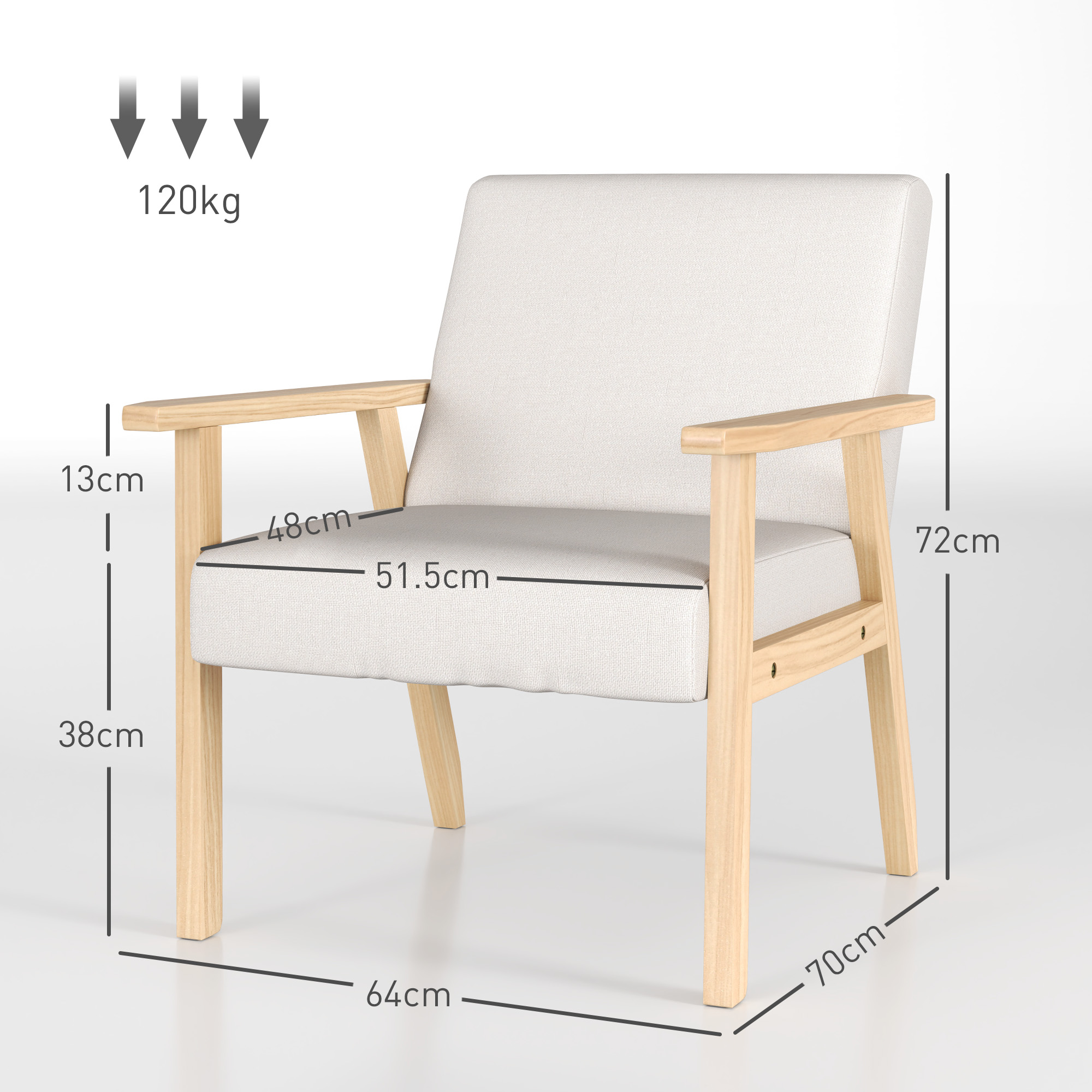 Polstersessel mit Armlehnen, Esszimmerstuhl in Leinenoptik, Massivholzrahmen, 64 x 70 x 72 cm, Creme