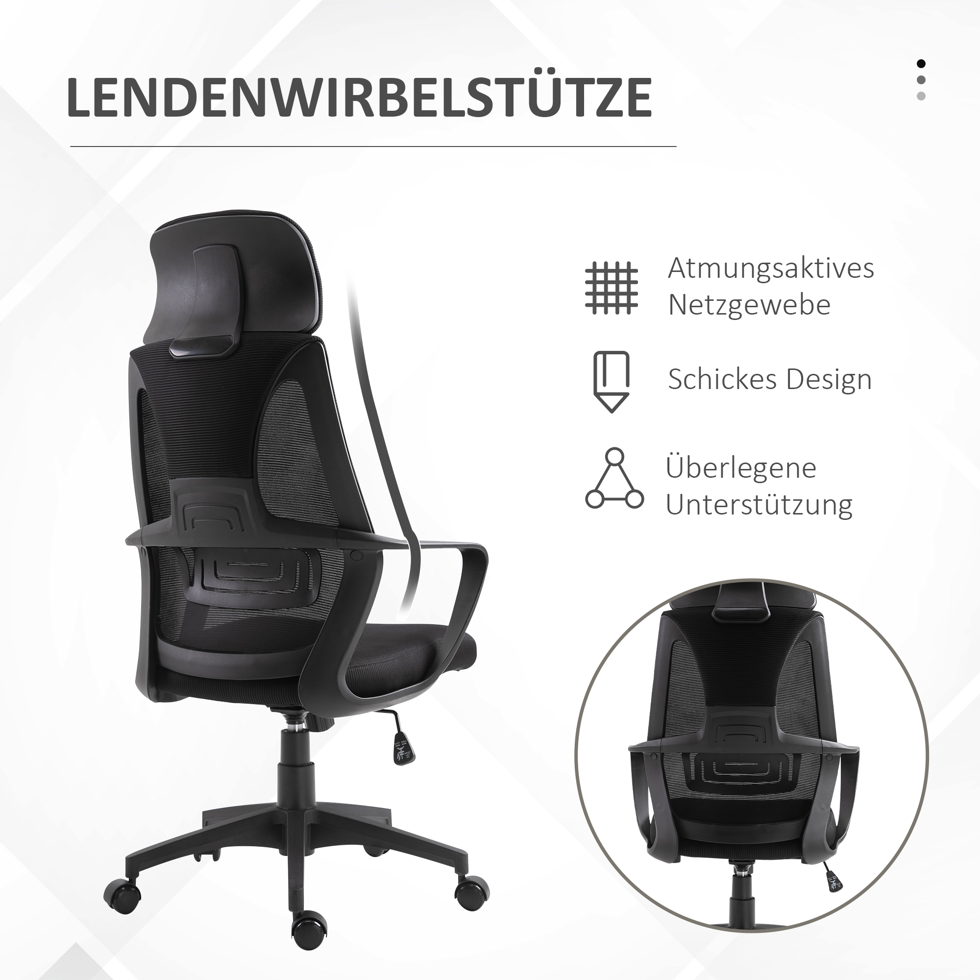 Bürostuhl, Schreibtischstuhl mit Wippfunktion Höhenverstellbarer mit Kopfstütze, Lendenstütze Schwarz