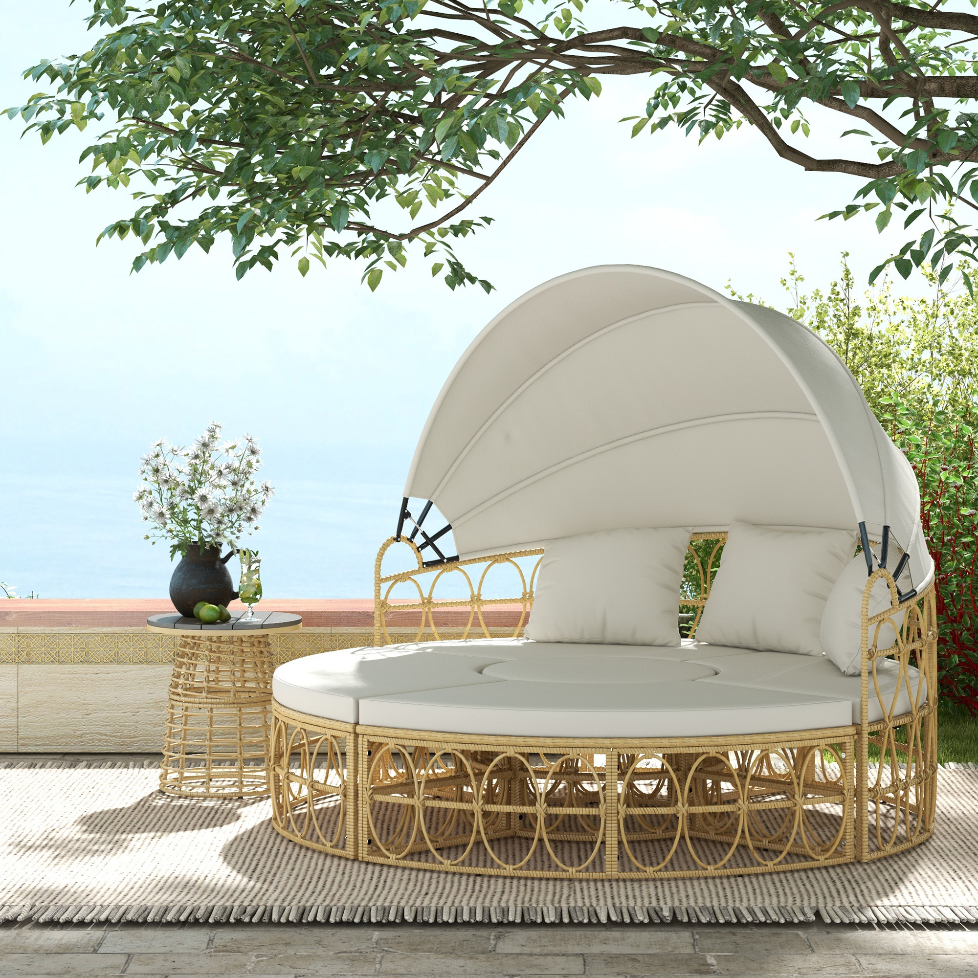 Sonneninsel, 4-teilig, ausziehbares Dach, 5 Kissen, Rattanoptik, 178B x 85T x 66,5H cm, Beige