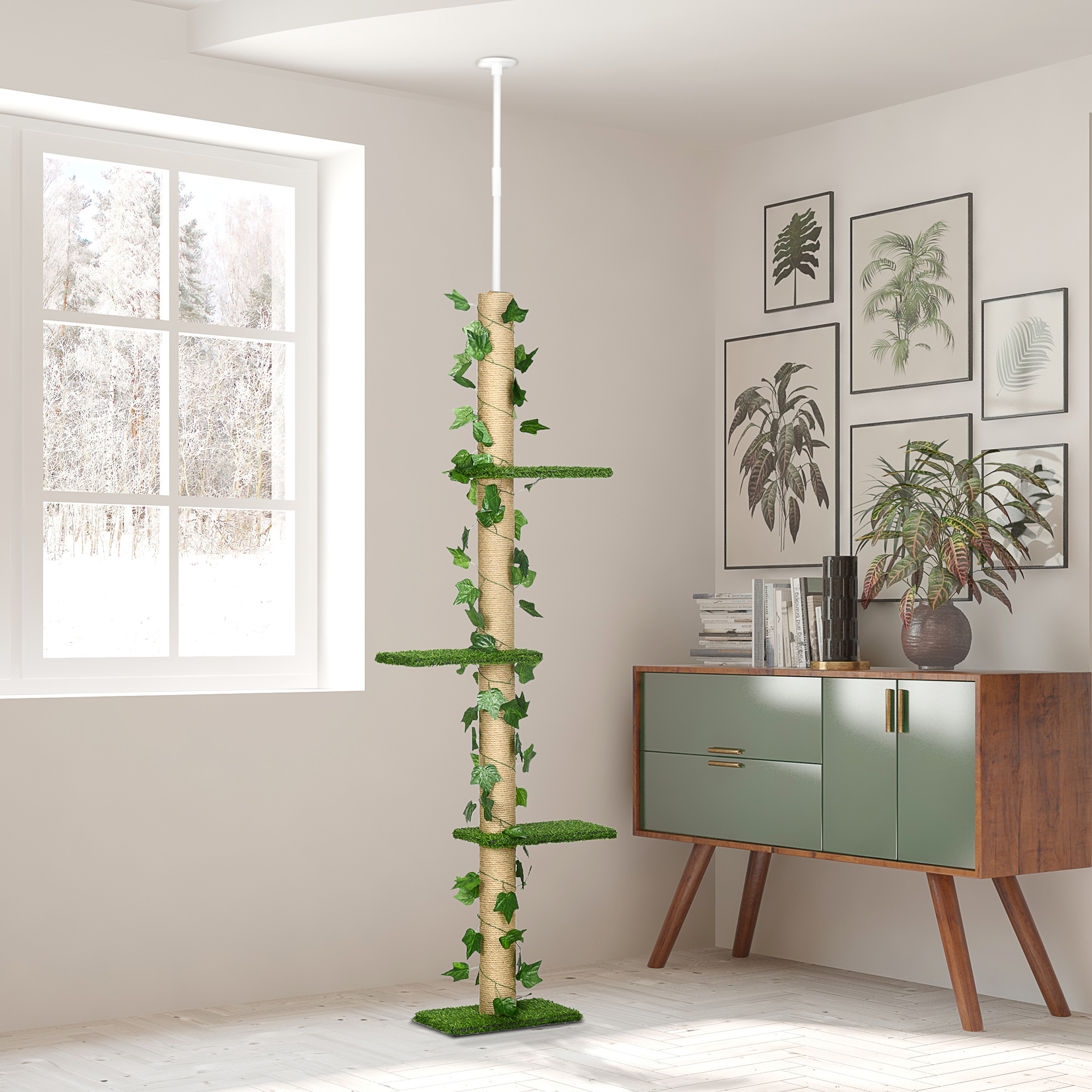 Kratzbaum höhenverstellbar 202-242 cm, rutschfest, Juteseil-Pfosten, Spanplatte, Grün/Gelb