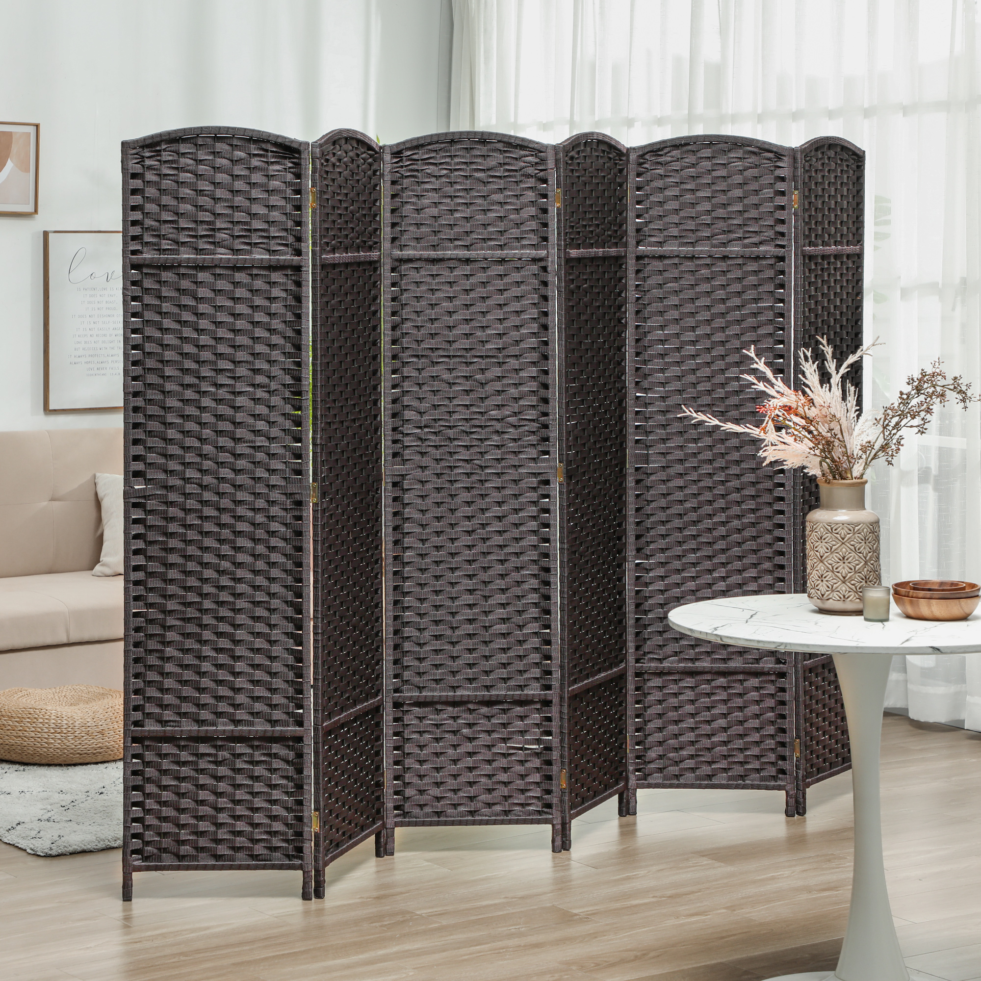 6-teiliger Raumtrenner, Faltbarer Sichtschutz, Sichtschutzwand für Wohnzimmer, Schlafzimmer, Homeoffice, Braun