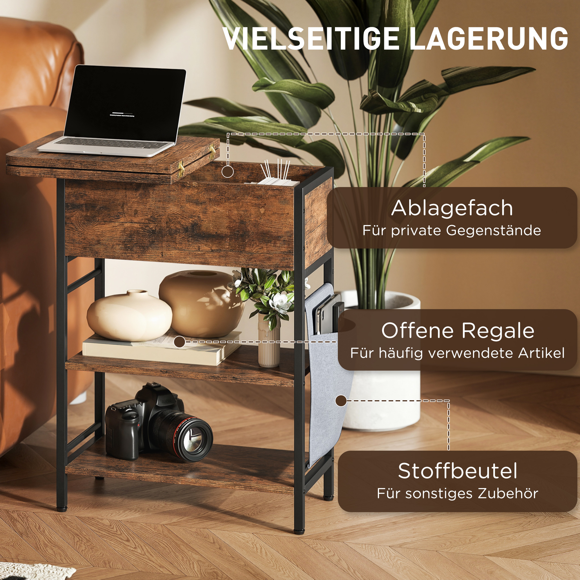 Beistelltisch Nachttisch mit Steckdosenleiste, 2 Ebenen, USB-Anschlüssen Stauraum 60 x 29,8 x 58,5 cm Rustikal Braun