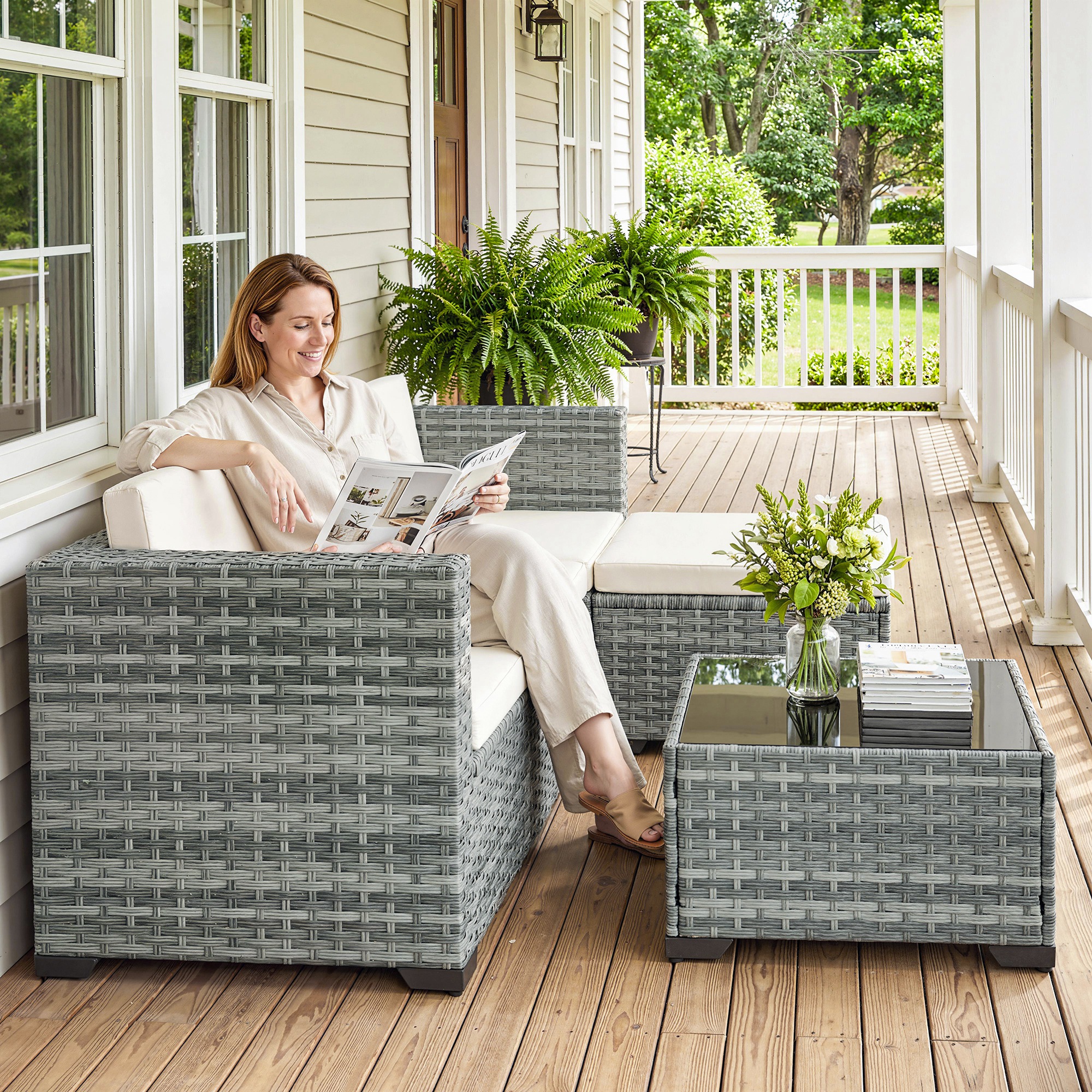 Polyrattan Gartenmöbel Set 5-teilig, Lounge Set mit Ecksofa Hocker Tisch Sitz- & Rückenkissen Grau+Cremeweiß