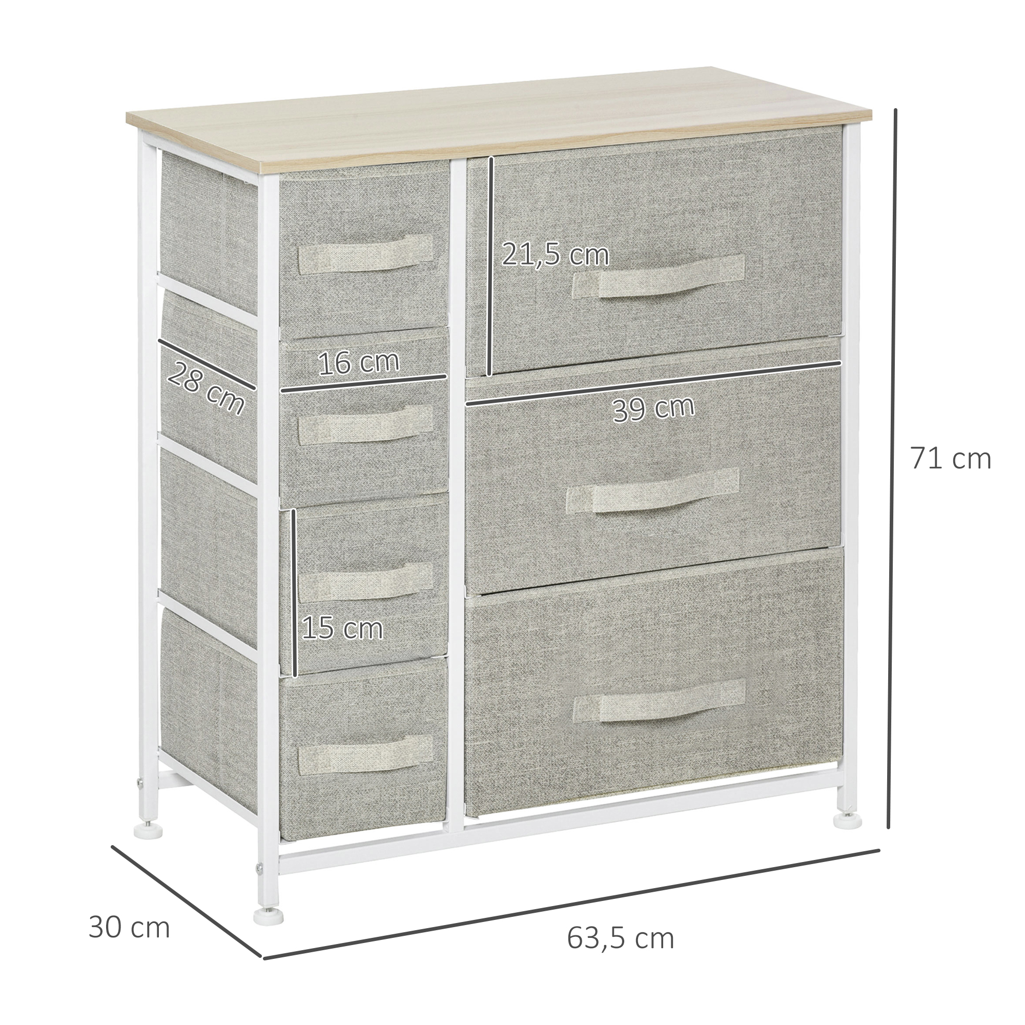 Kommode, Sideboard, 7 faltbare Stoffschubladen, Metallgestell, 63,5 x 30 x 71 cm, Hellgrau