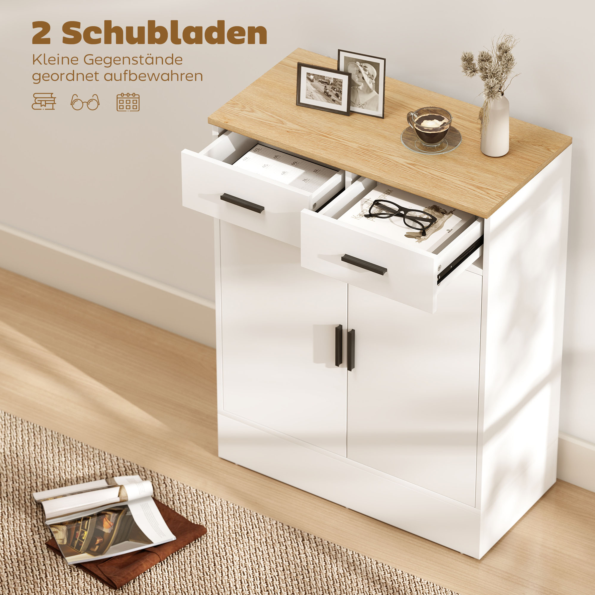 Sideboard mit Stauraum, Kommode mit 2 Schubladen, verstellbares Regal, für Küche, Wohnzimmer, Flur, Naturholz, Weiß